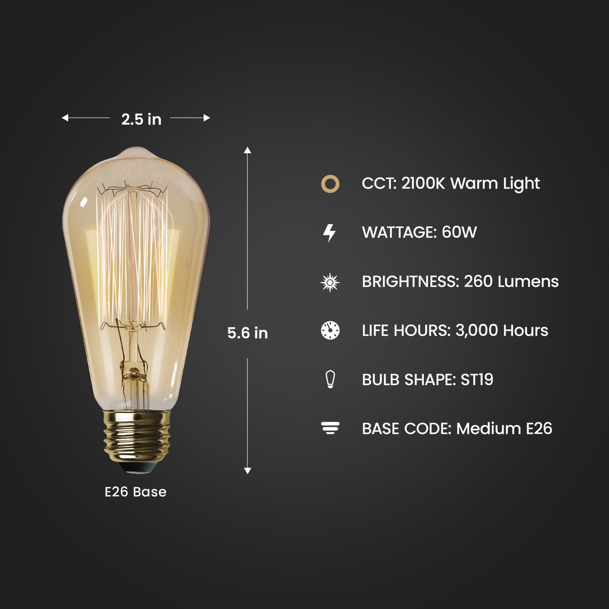 60W Replacement ST19 E26 Dimmable Filament Amber Glass Vintage Edison Incandescent Light Bulb, Warm White