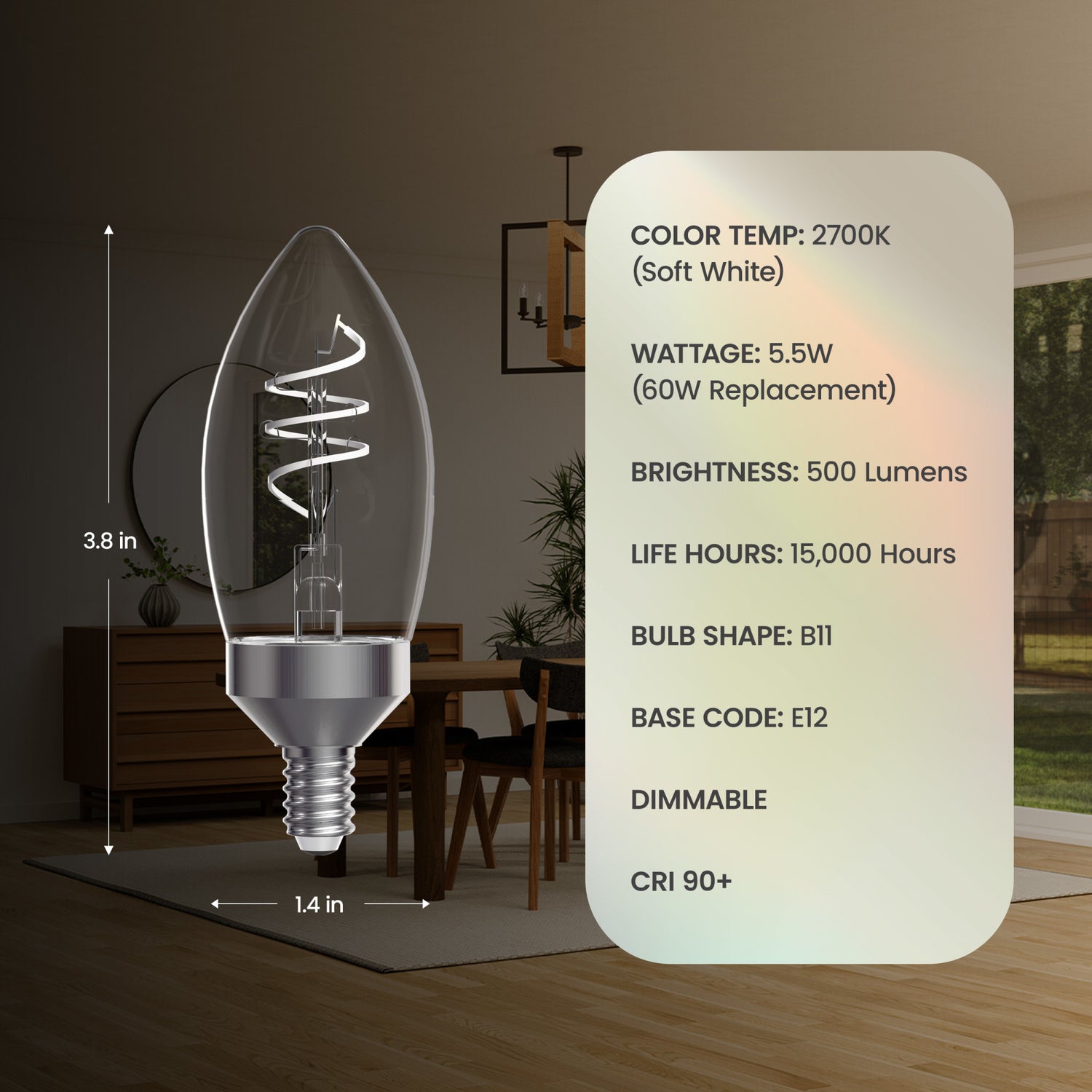 5.5W (60W Replacement) Soft White (2700K) E12 Base B11 Shape 3-Level Dimming Torpedo White Filament Bulb (3-Pack)