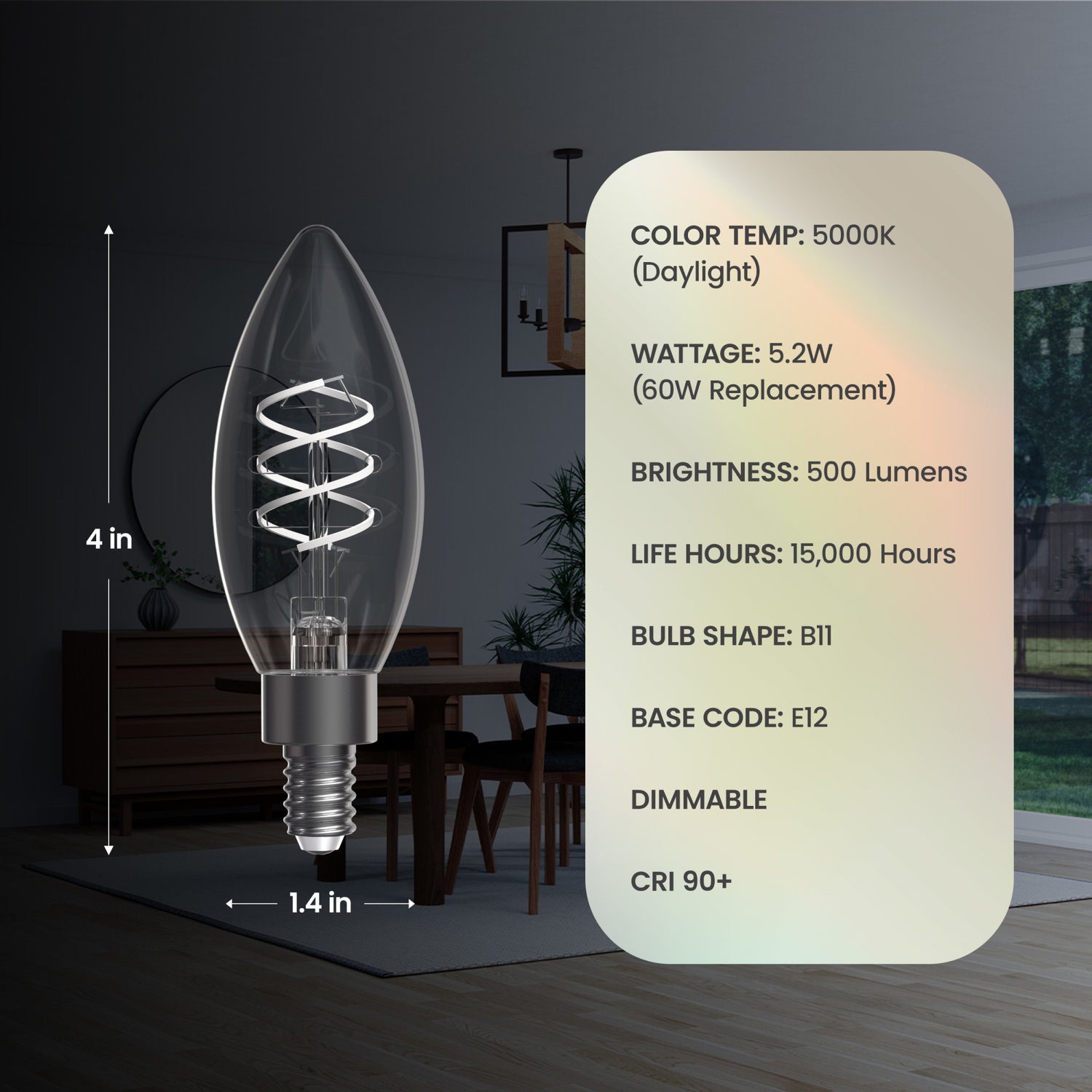 5.2W (60W Equivalent) Daylight (5000K) B11 Shape (E12 Base) Torpedo Tip Spiral Designer White Filament Bulb (2-Pack)