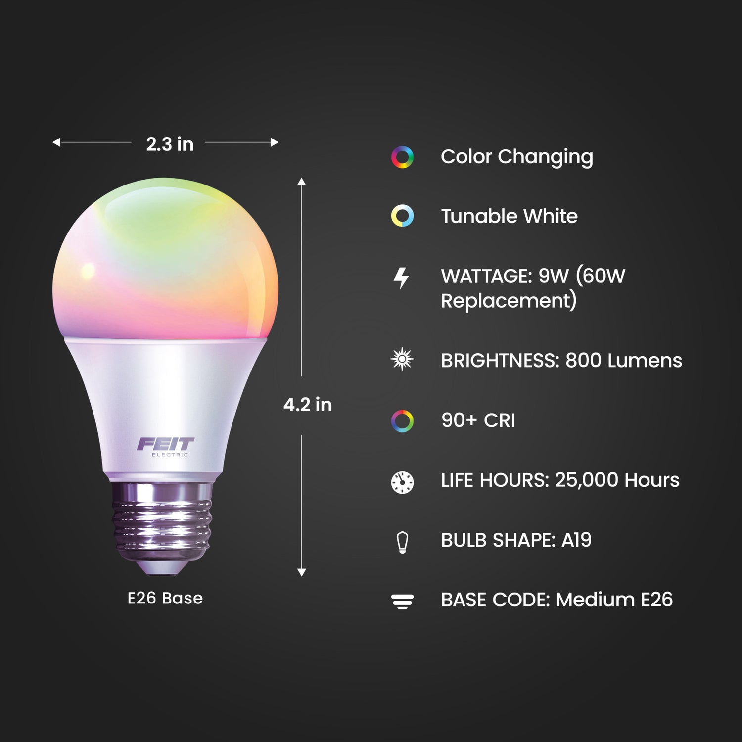 9W (60W Replacement) Color Changing + White A19 Smart Wi-Fi LED Light Bulb