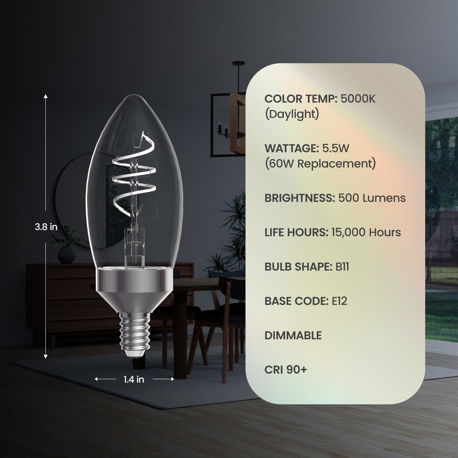 5.5W (60W Replacement) Daylight (5000K) E12 Base B11 Shape 3-Level Dimming Torpedo Tip White Filament LED Bulb (3-Pack)