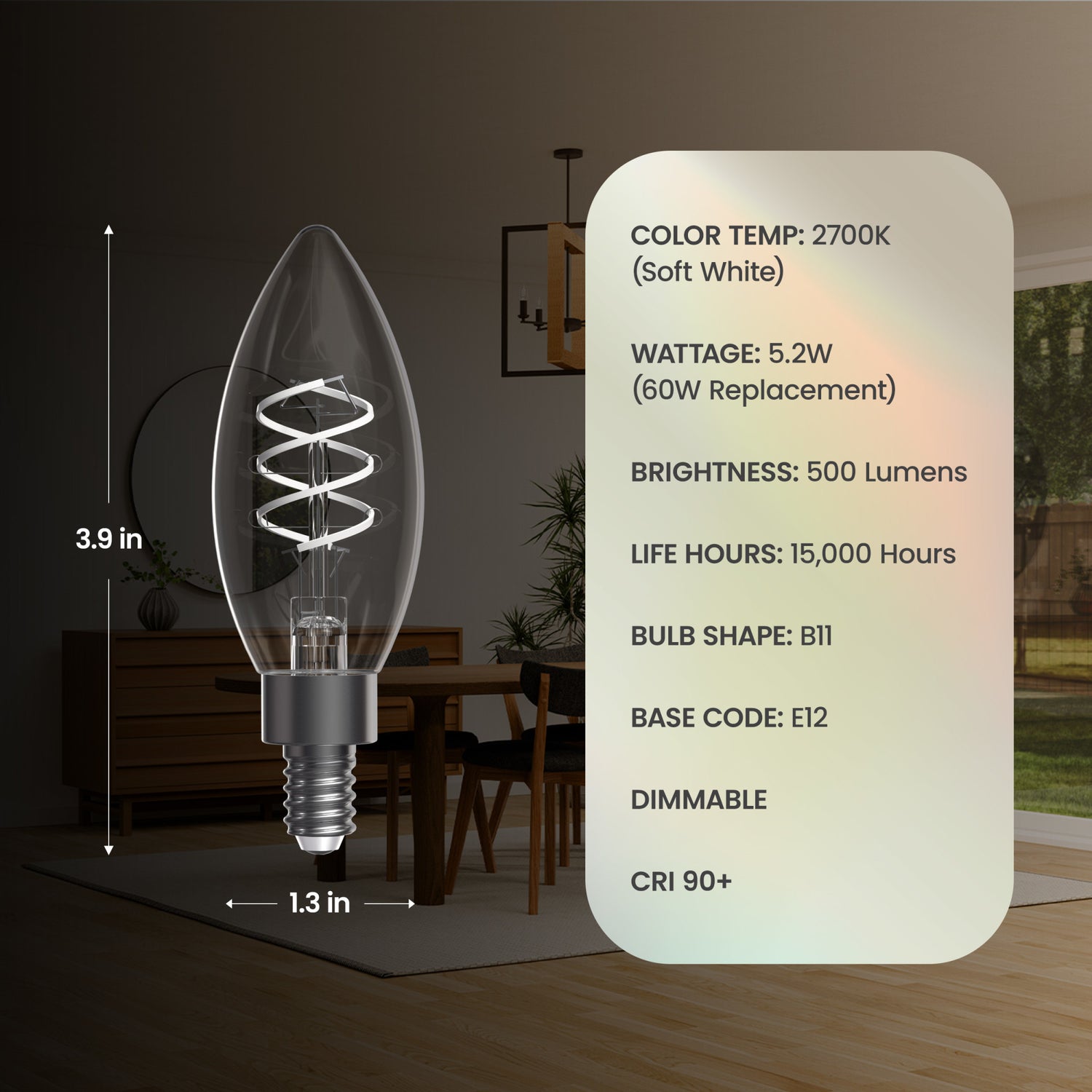 5.2W (60W Equivalent) Soft White (2700K) B11 Shape (E12 Base) Torpedo Spiral Designer White Filament Bulb (2-Pack)