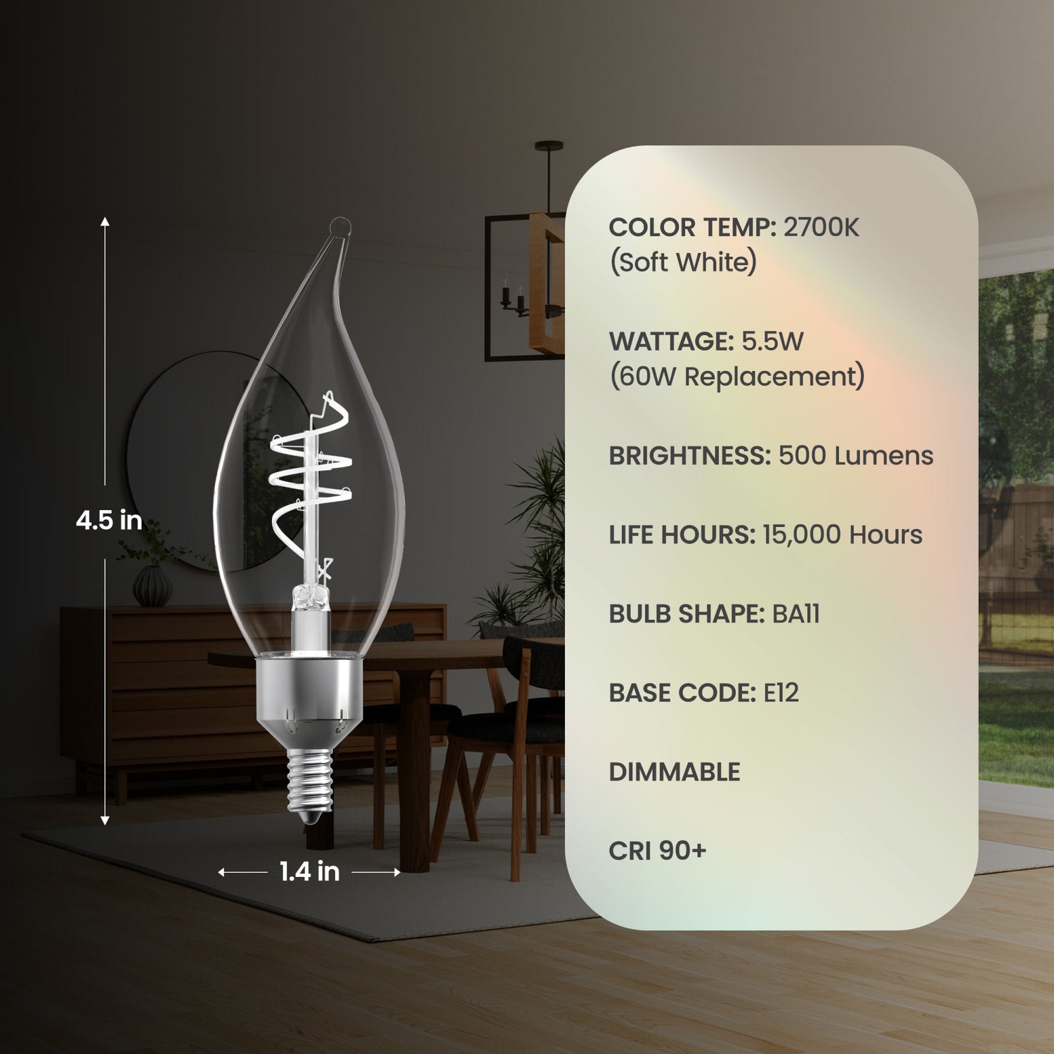 5.5W (60W Replacement) Soft White (2700K) E12 Base BA11 Flame Tip 3-Level Dimming White Filament Bulb (3-Pack)