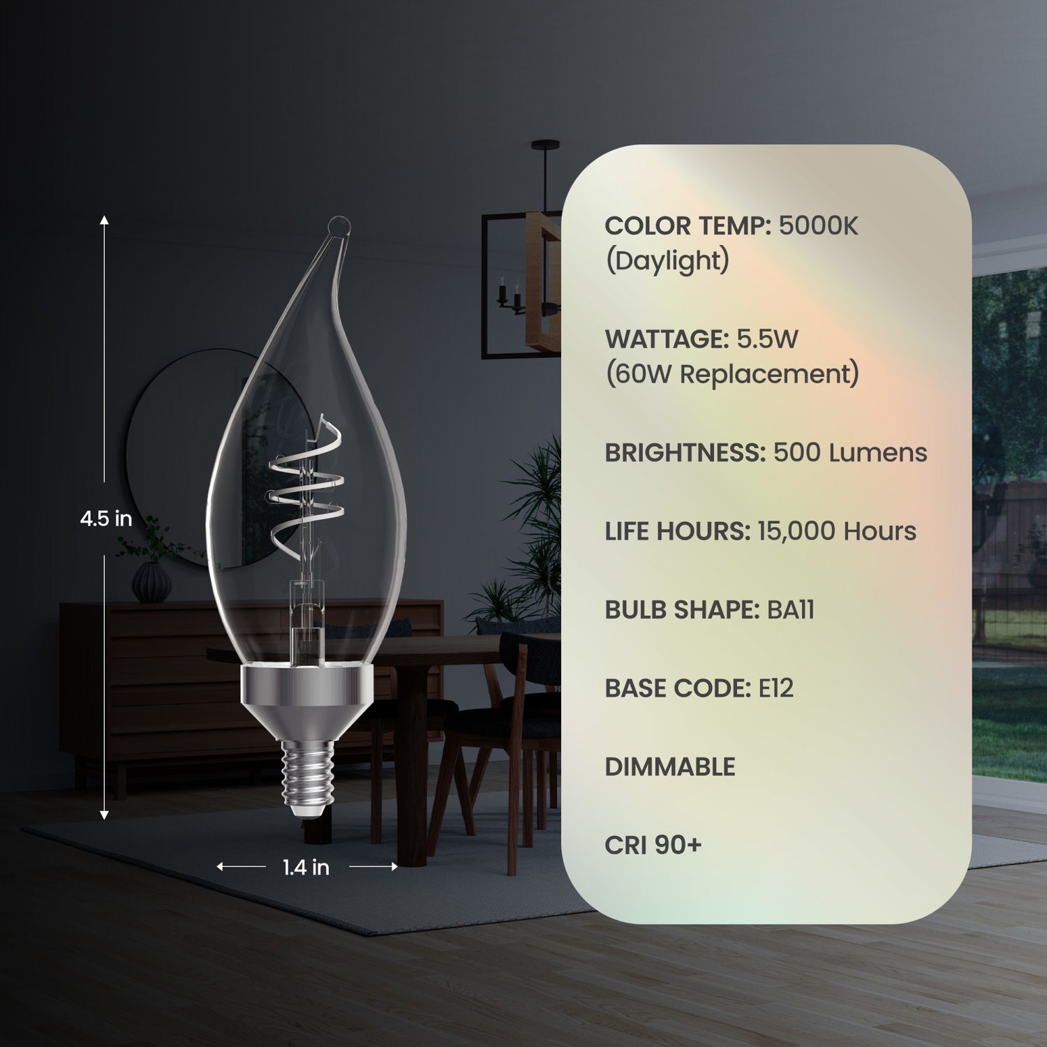 5.5W (60W Replacement) Daylight (5000K) E12 Base BA11 Shape Flame Tip 3-Level Dimming White Filament LED Bulb (3-Pack)