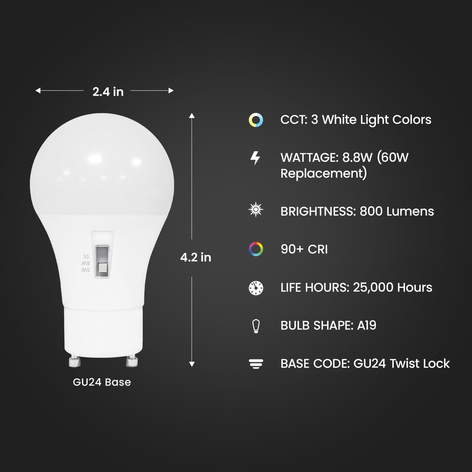 8.8W (60W Replacement) Selectable White (3CCT) A19 GU24 Base Dimmable Enhance LED Bulb