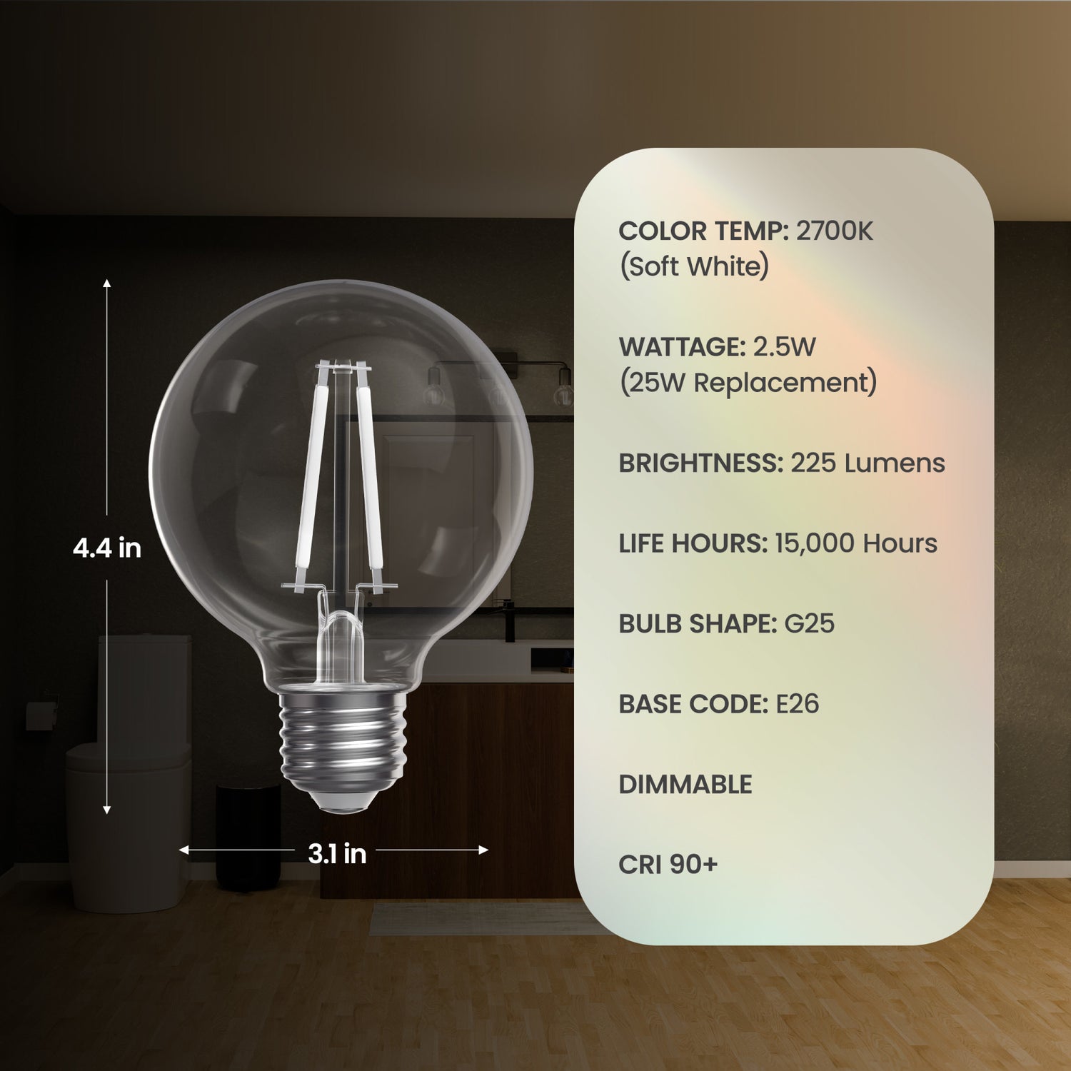 2.5W (25W Replacement) Soft White (2700K) Globe Shape (E26 Base) Exposed White Filament LED Bulb (3-Pack)