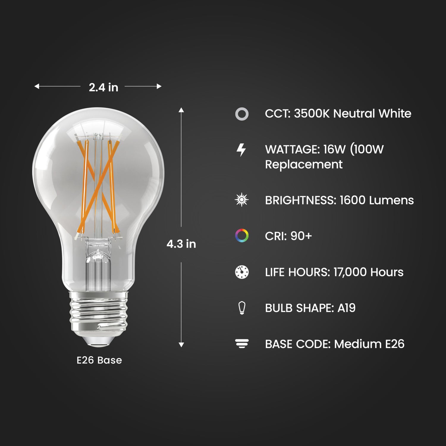16W (100W Replacement) Neutral White (3500K) E26 Base A19 Dimmable Clear Enhance LED Bulb (4-Pack)