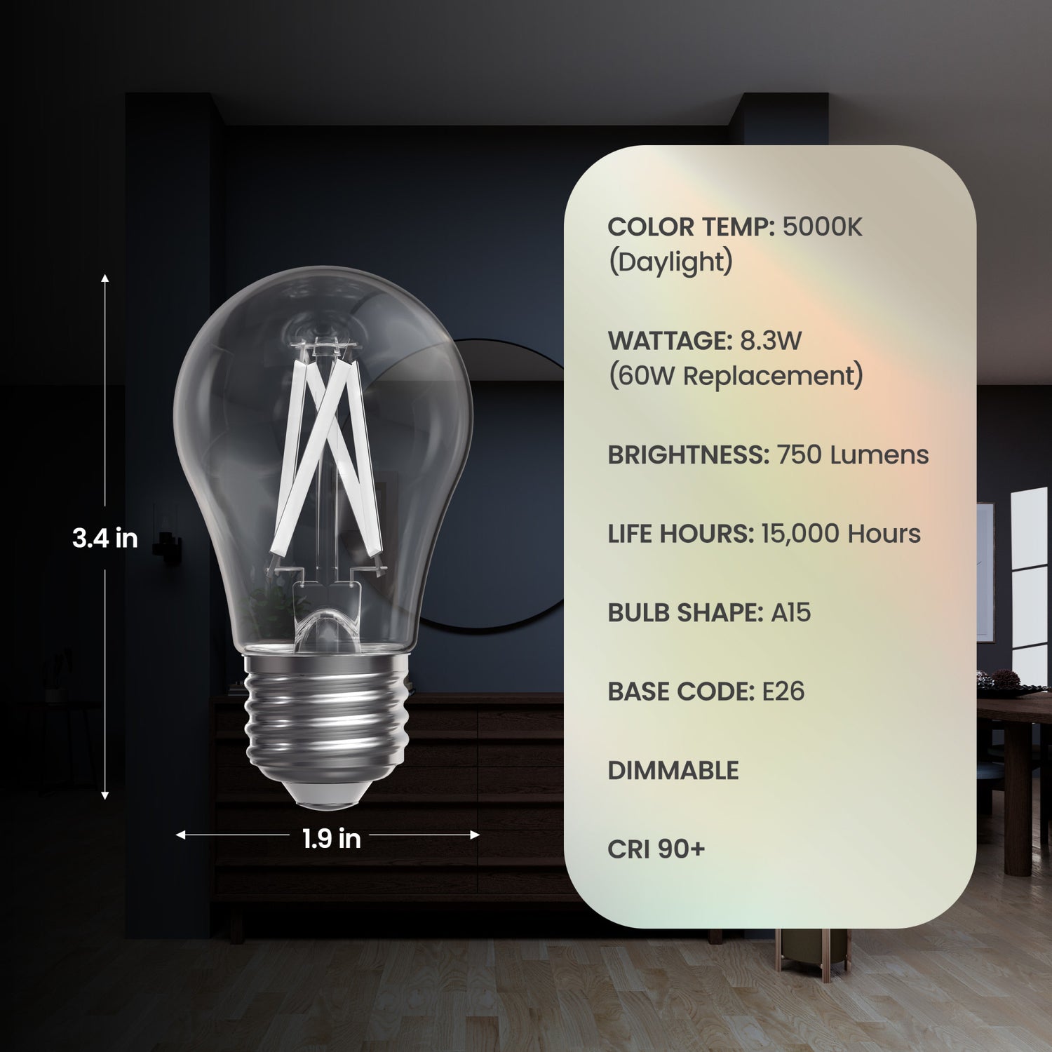 8.3W (60W Replacement) Daylight (5000K) A15 E26 Base Exposed White Filament LED Light Bulb (2-Pack)
