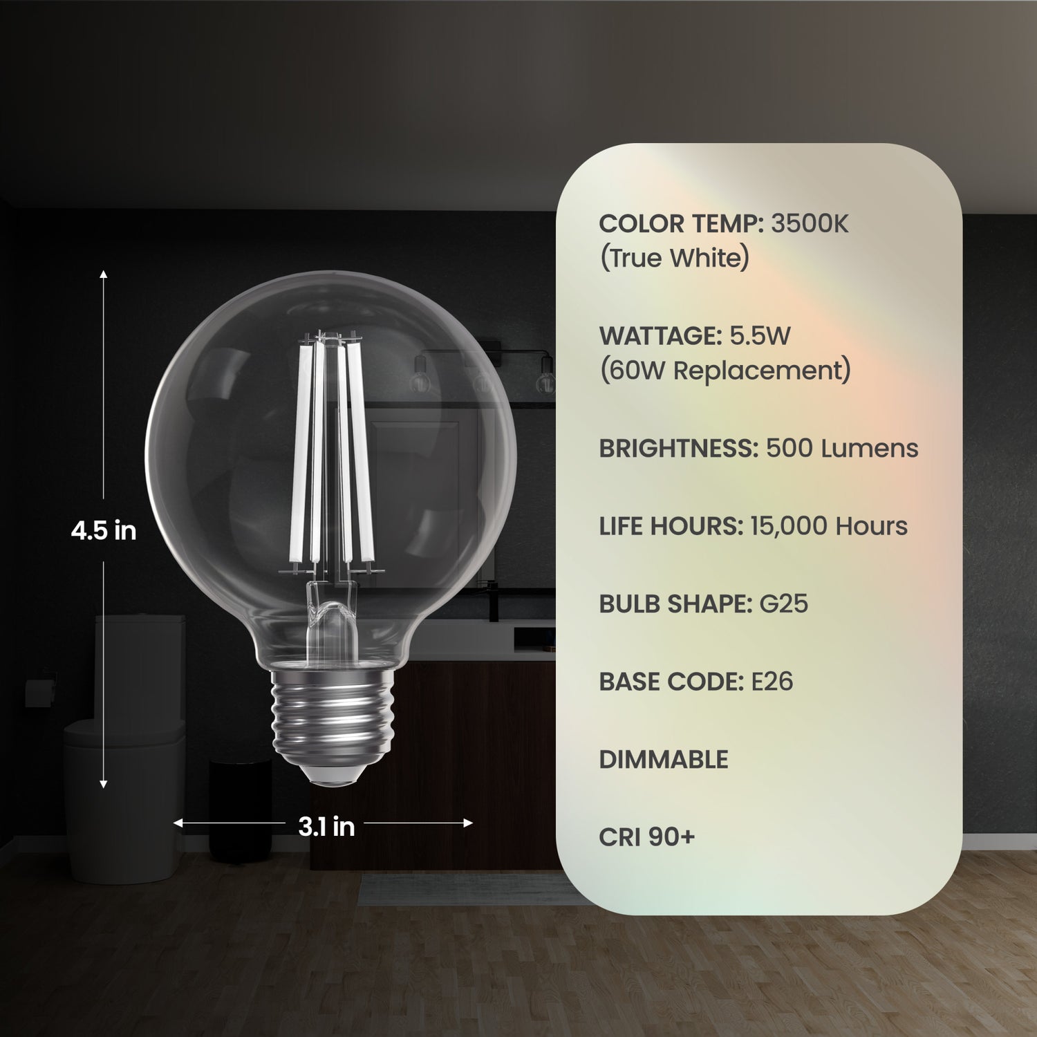 5.5W (60W Replacement) True White (3500K) Globe Shape (E26 Base) Exposed White Filament LED Bulb (3-Pack)