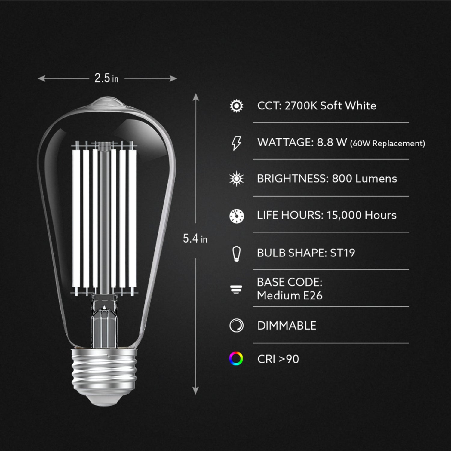 8.8W (60W Replacement) Soft White (2700K) ST19 Shape (E26 Base) LED Exposed White Filament Bulb
