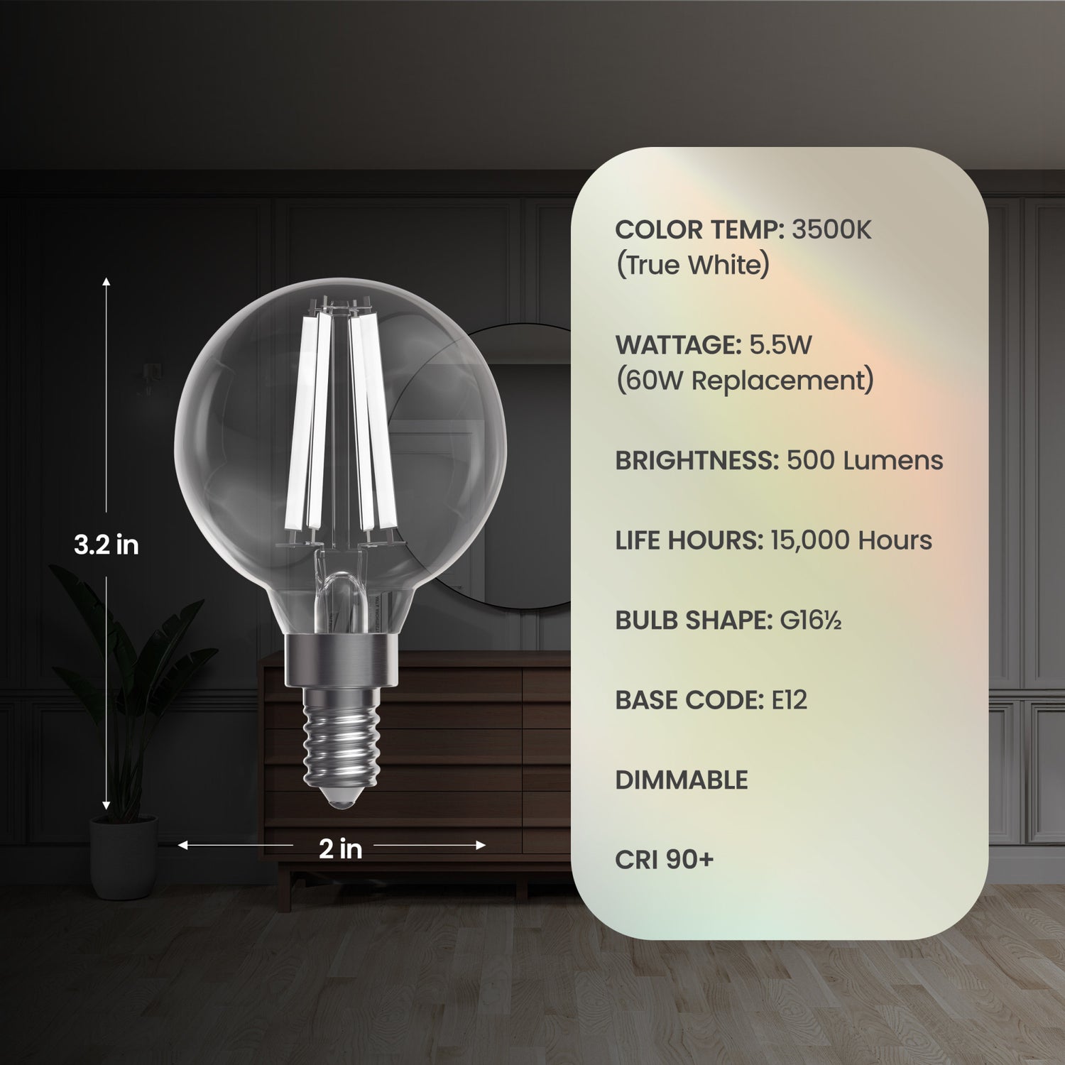 5.5W (60W Replacement) True White (3500K) G16 1/2 Globe Shape (E12 Base) Exposed White Filament LED Bulb (2-Pack)