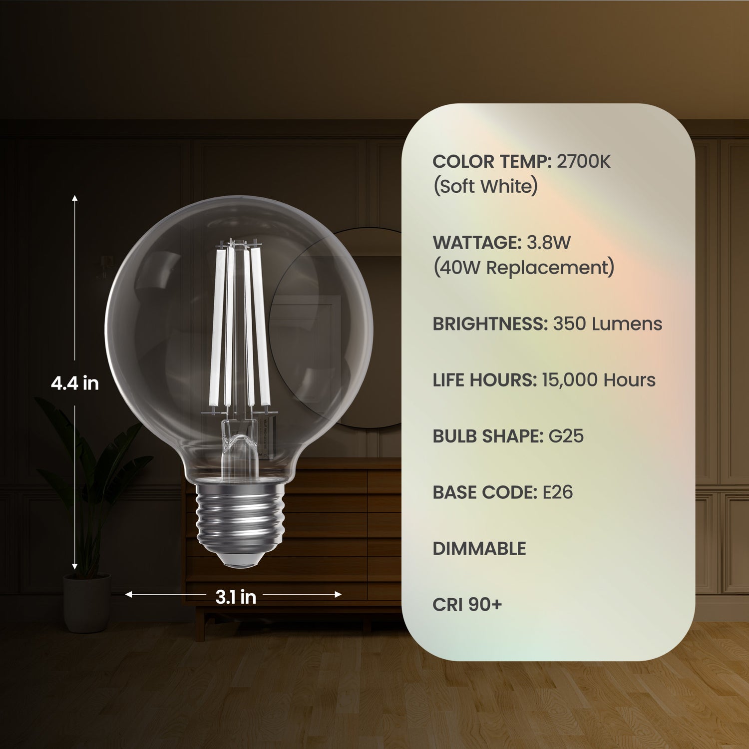 3.8W (40W Replacement) Soft White (2700K) Globe Shape (E26 Base) Exposed White Filament LED Bulb (3-Pack)