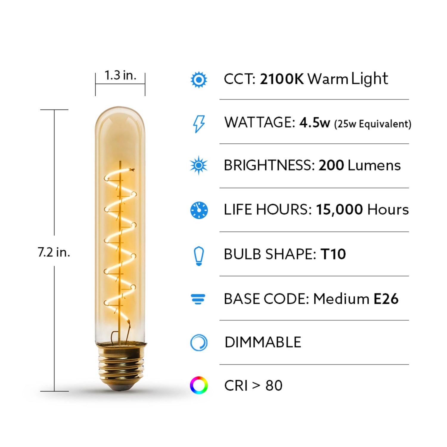 4.5W (25W Replacement) T10 E26 Dimmable Spiral Filament Amber Glass Vintage Edison LED Light Bulb, Warm Light