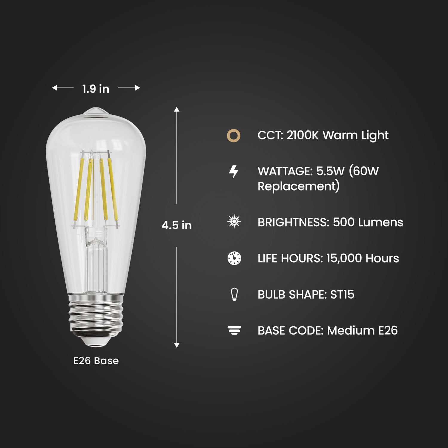 5.5W (60W Replacement) ST15 E26 Dimmable Straight Filament Clear Glass Vintage Edison LED Light Bulb, Soft White (2-Pack)