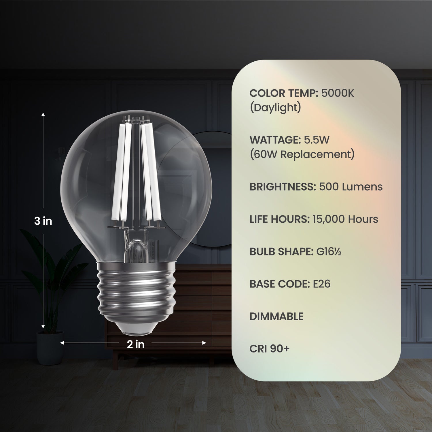 5.5W (60W Replacement) Daylight (5000K) G16 1/2 Globe Shape (E26 Base) Exposed White Filament LED Bulb (2-Pack)