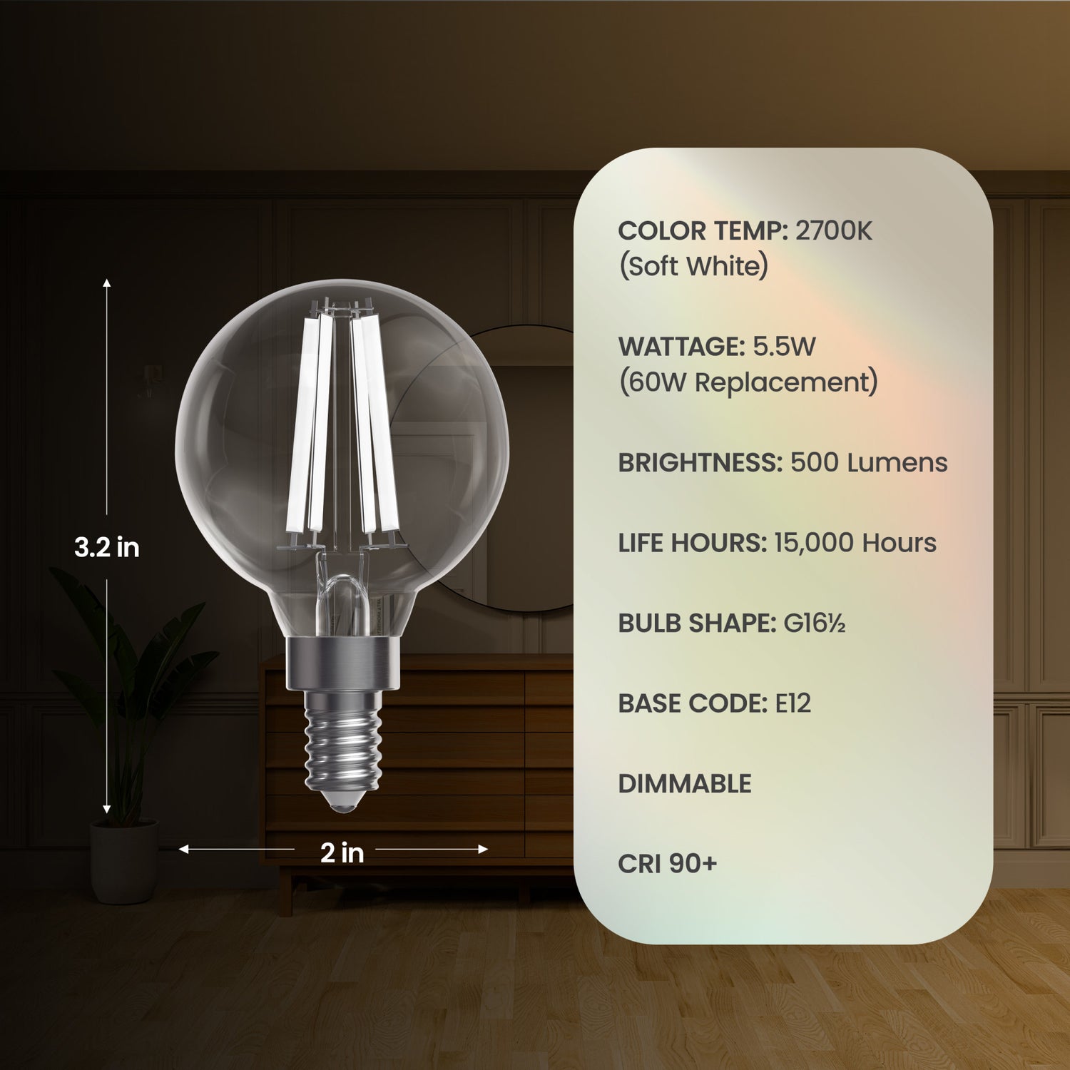 5.5W (60W Replacement) Soft White (2700K) G16 1/2 Globe Shape (E12 Base) Exposed White Filament LED Bulb (2-Pack)