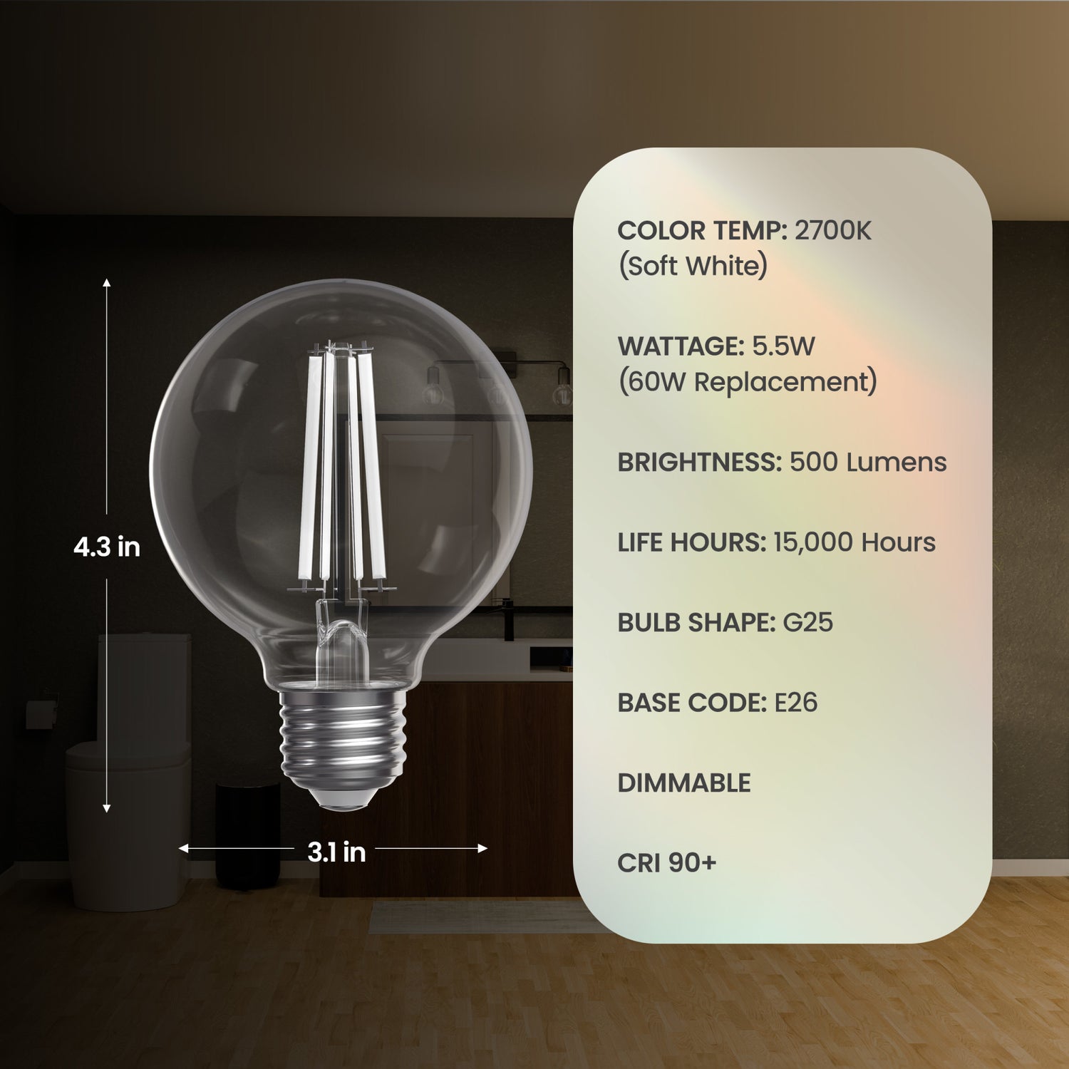 5.5W (60W Replacement) Soft White (2700K) Globe Shape (E26 Base) Exposed White Filament LED Bulb (3-Pack)