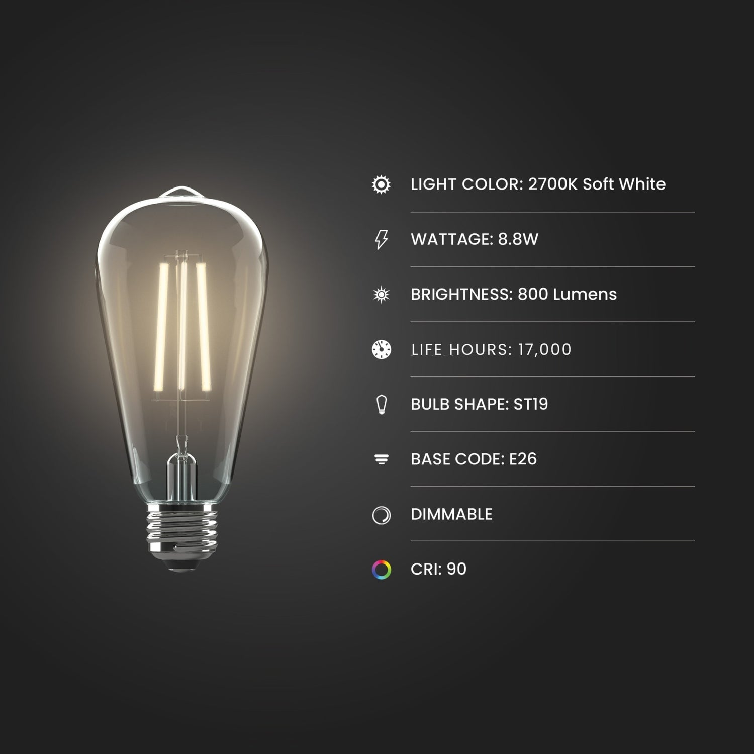 8.8W (60W Replacement) ST19 E26 Dimmable Straight Filament Clear Glass Vintage Edison Enhance LED Light Bulb, Soft White (4-Pack)