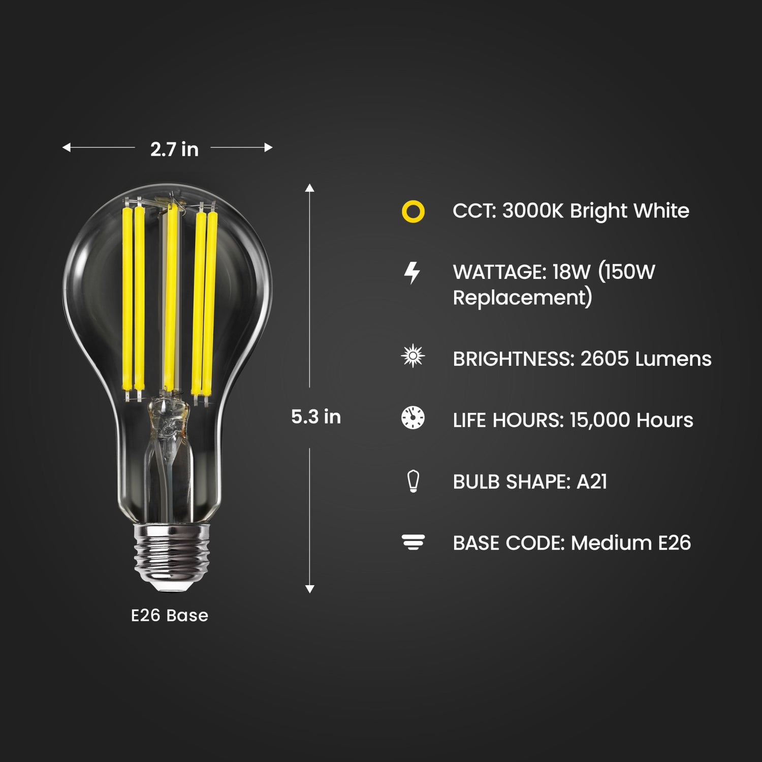 18W (150W Replacement) Bright White (3000K) A21 E26 Base Dimmable Bright Light Output LED Filament Light Bulb