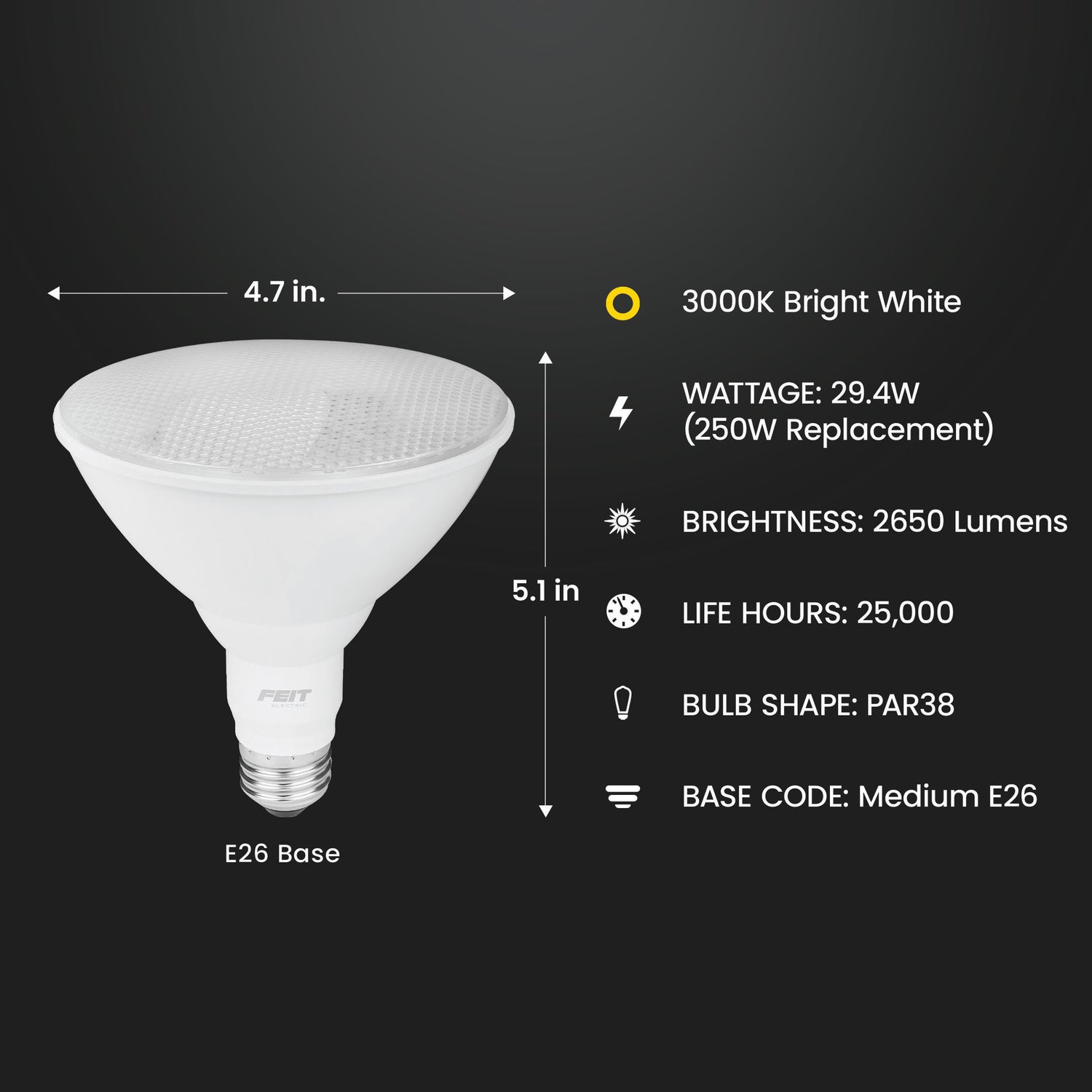 29.4W (250W Replacement) Bright White (3000K) E26 Base Dimmable PAR38 High Output LED