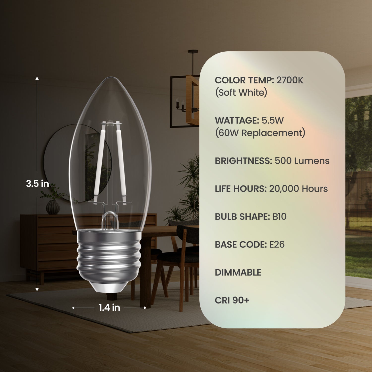 5.5W (60W Equivalent) Soft White (2700K) B10 Shape (E26 Base) Torpedo Tip White Filament LED Bulb (3-Pack)