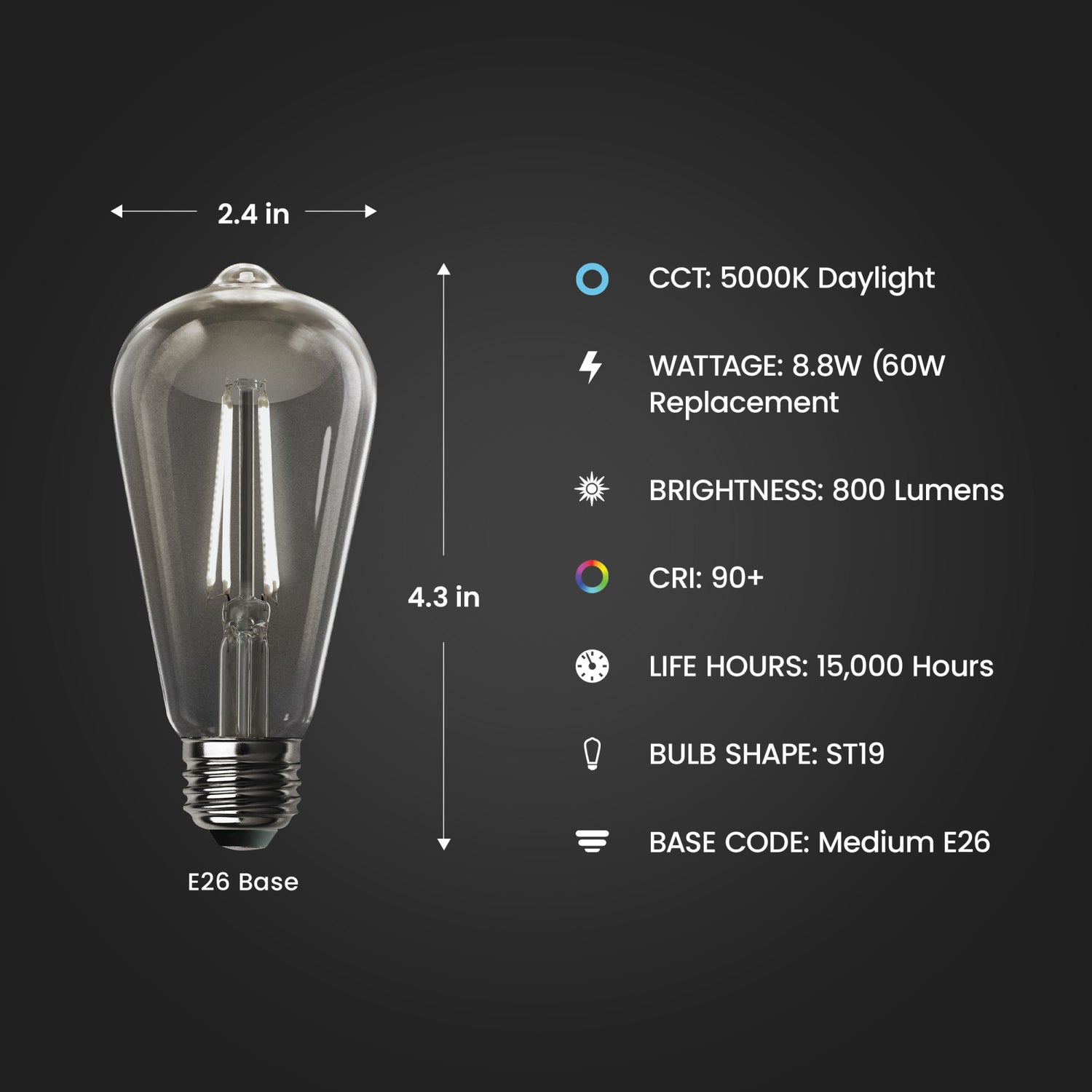 8.8W (60W Replacement) Daylight (5000K) E26 Base ST19 Dusk to Dawn Filament LED Light Bulb
