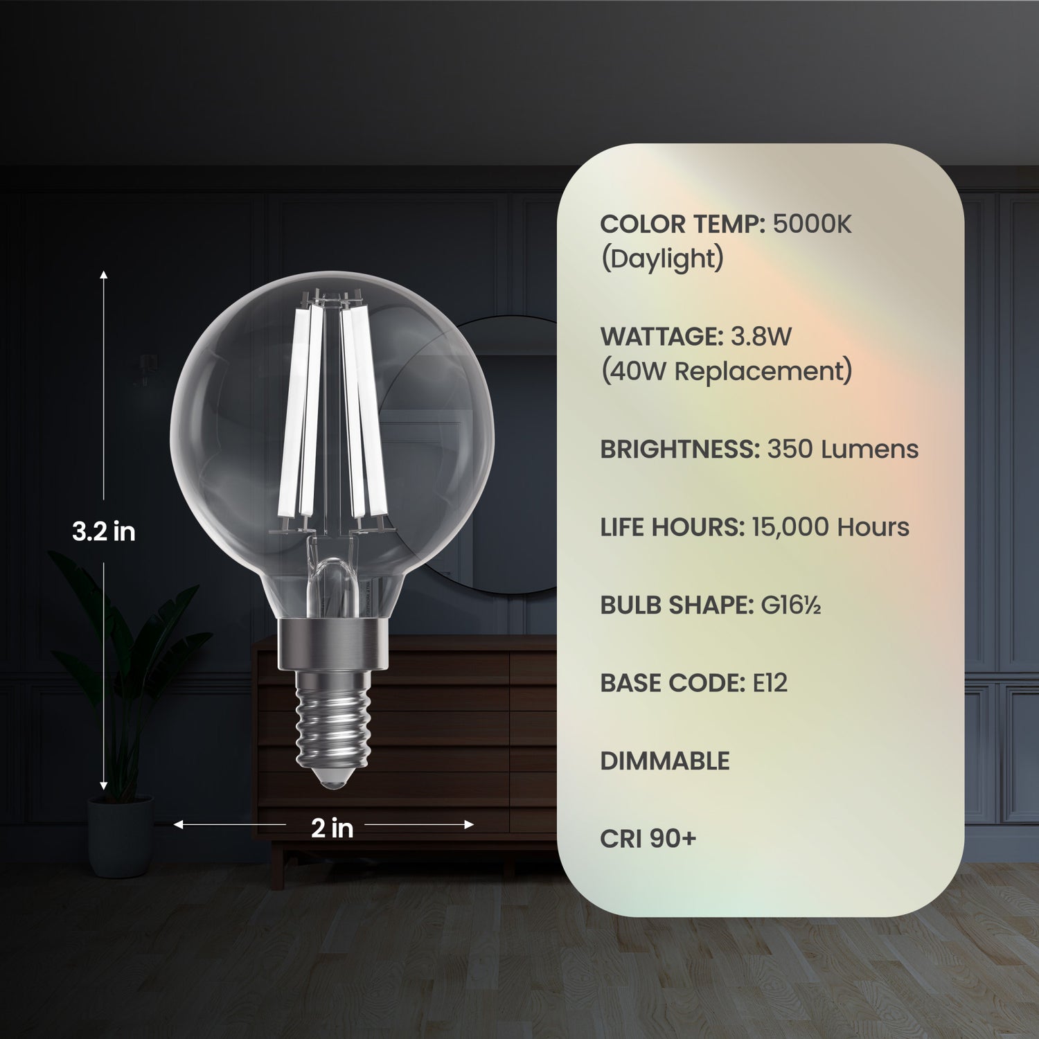 3.8W (40W Replacement) Daylight (5000K) G16 1/2 Globe Shape (E12 Base) Exposed White Filament LED Bulb (2-Pack)