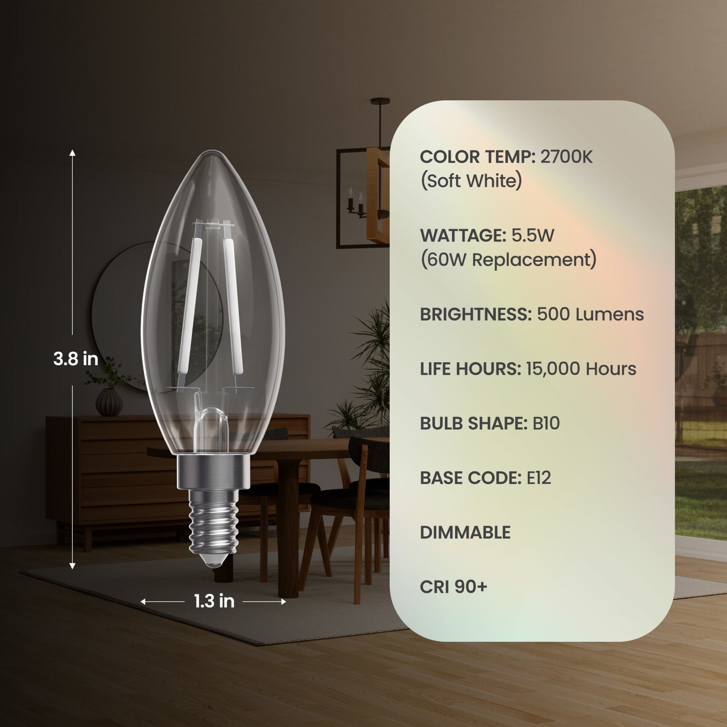 5.5W (60W Replacement) Soft White (2700K) B10 Shape (E12 Base) Torpedo White Filament Bulb (3-Pack)
