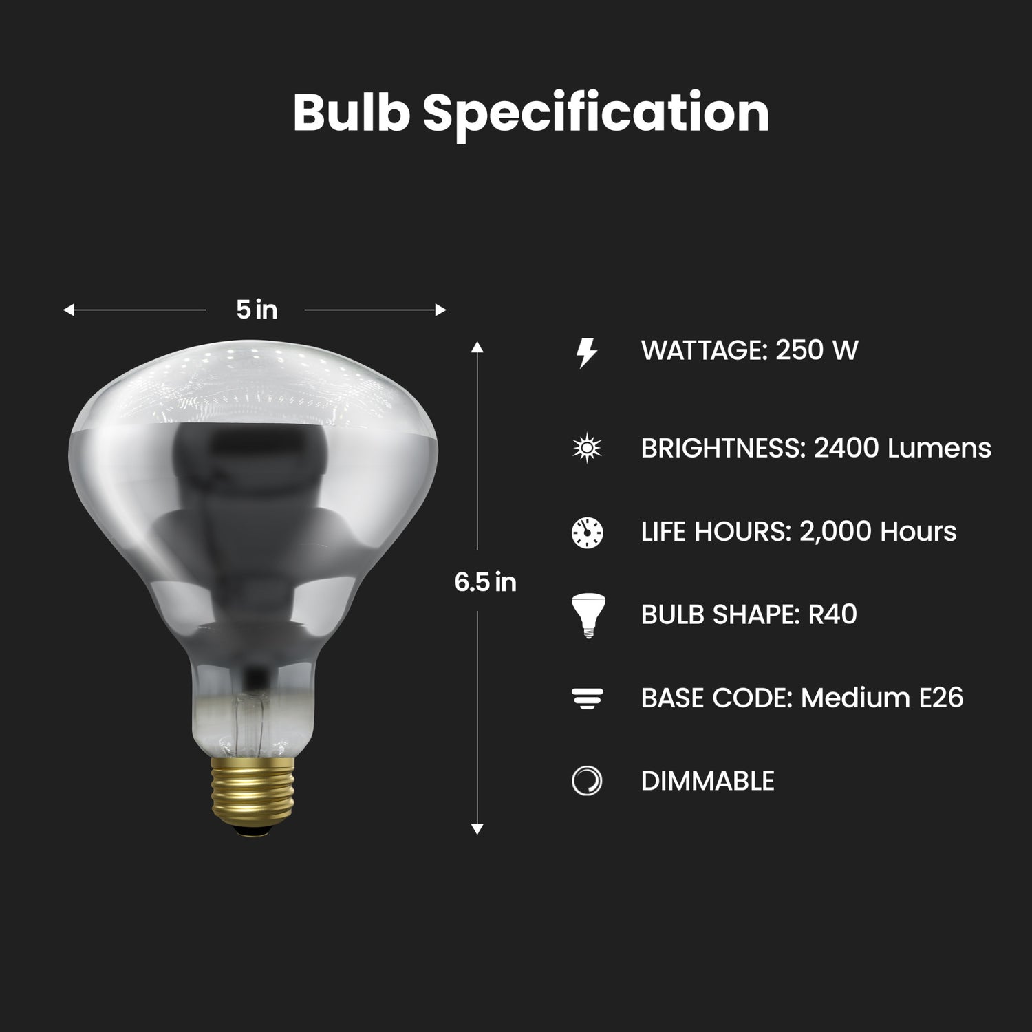 250W Clear Incandescent R40 Dimmable Heat Lamp Reflector