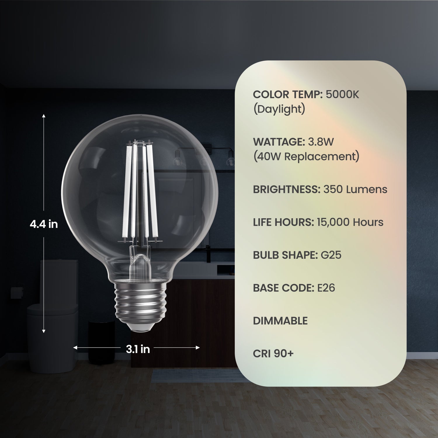3.8W (40W Replacement) Daylight (5000K) Globe Shape (E26 Base) Exposed White Filament LED Bulb (3-Pack)