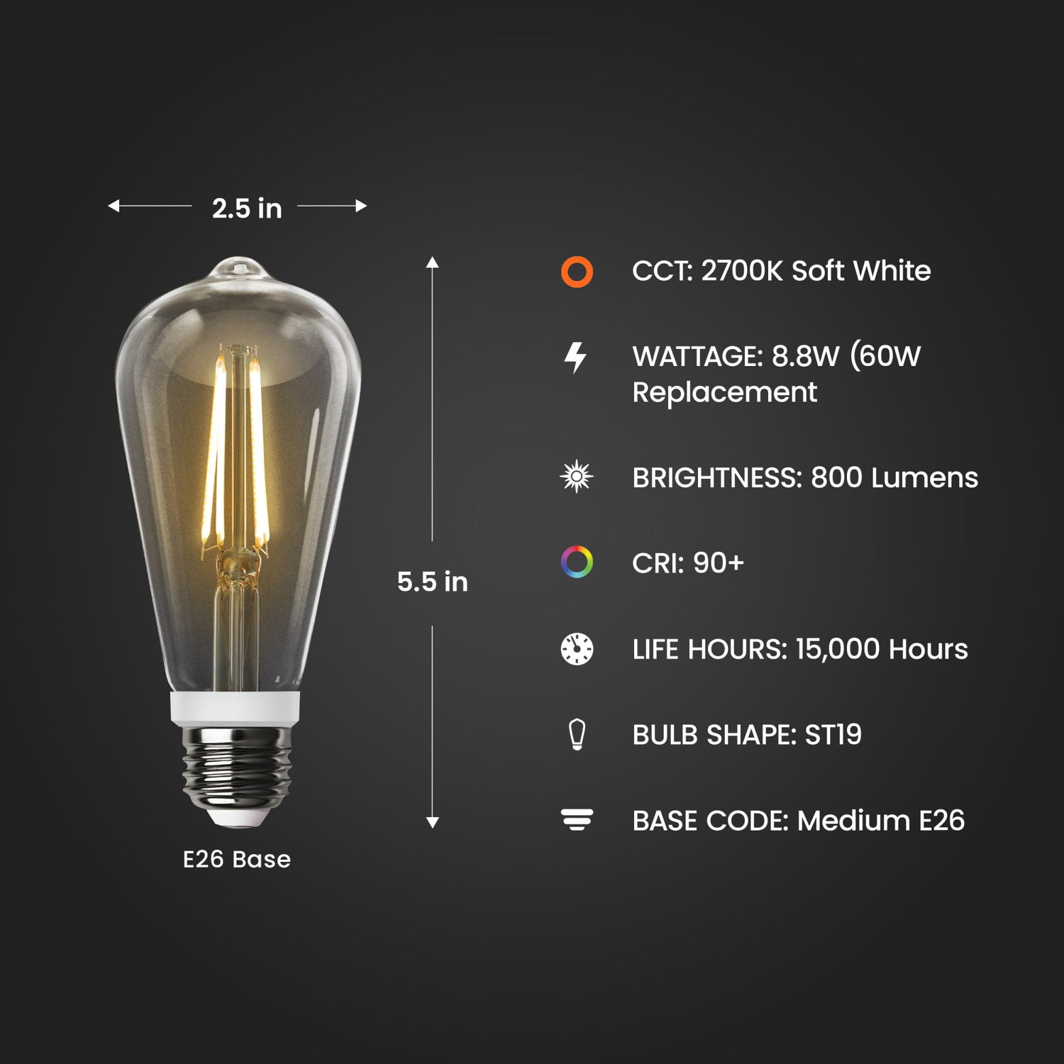 8.8W (60W Replacement) Soft White (2700K) E26 Base ST19 Motion Detection Filament LED