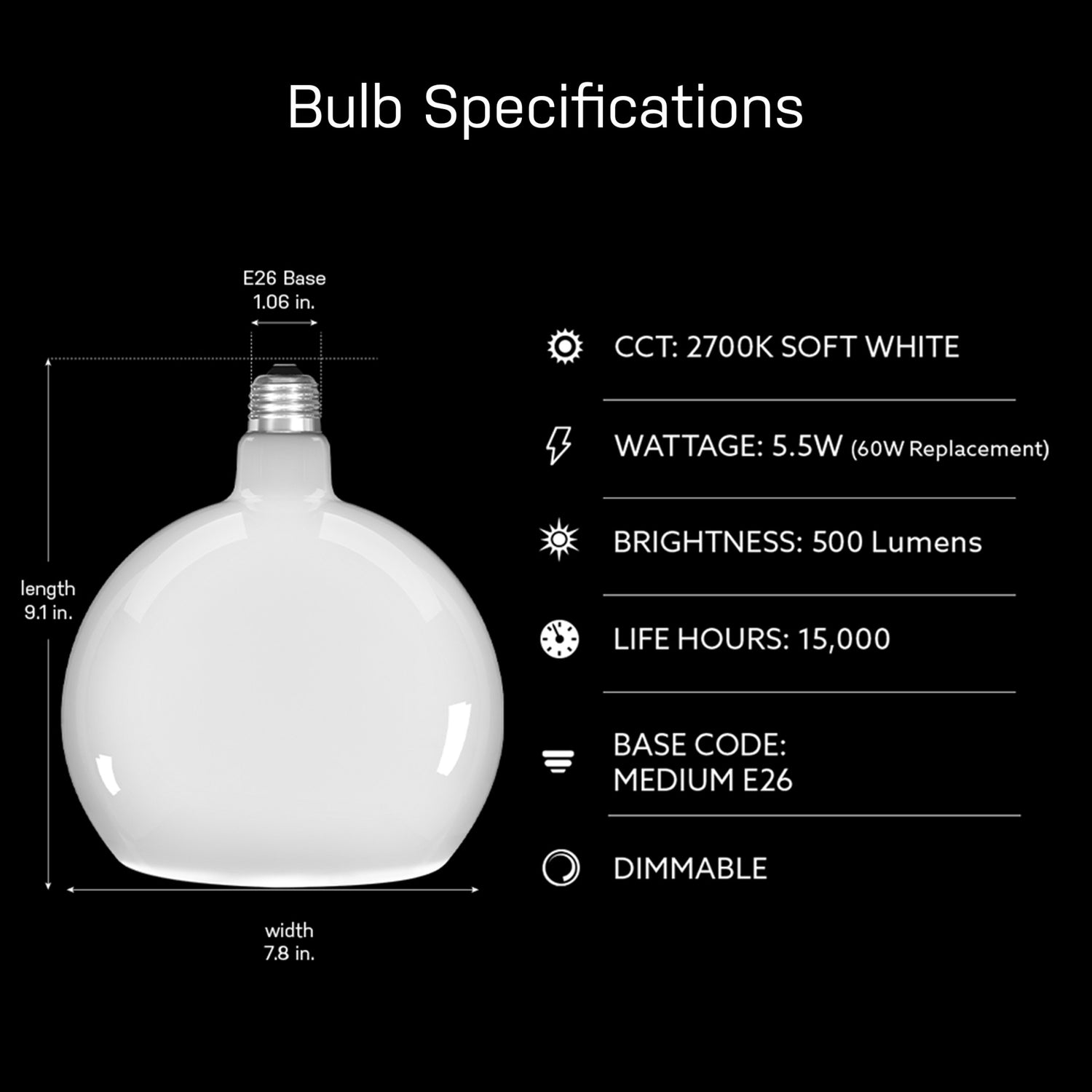 5.5W Soft White (2700K) Dimmable Frosted Globe LED Bulb