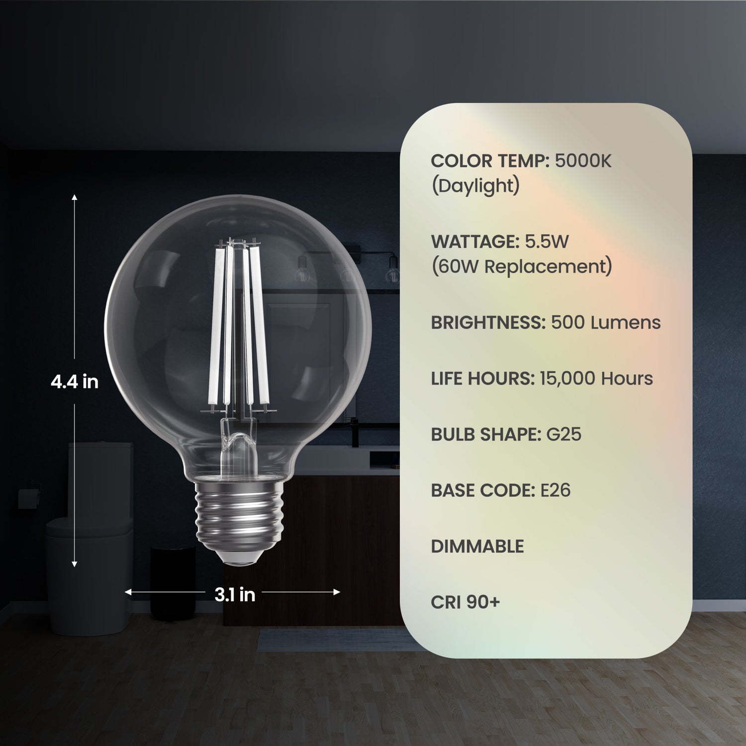 5.5W (60W Replacement) Daylight (5000K) Globe Shape (E26 Base) Exposed White Filament LED Bulb (3-Pack)