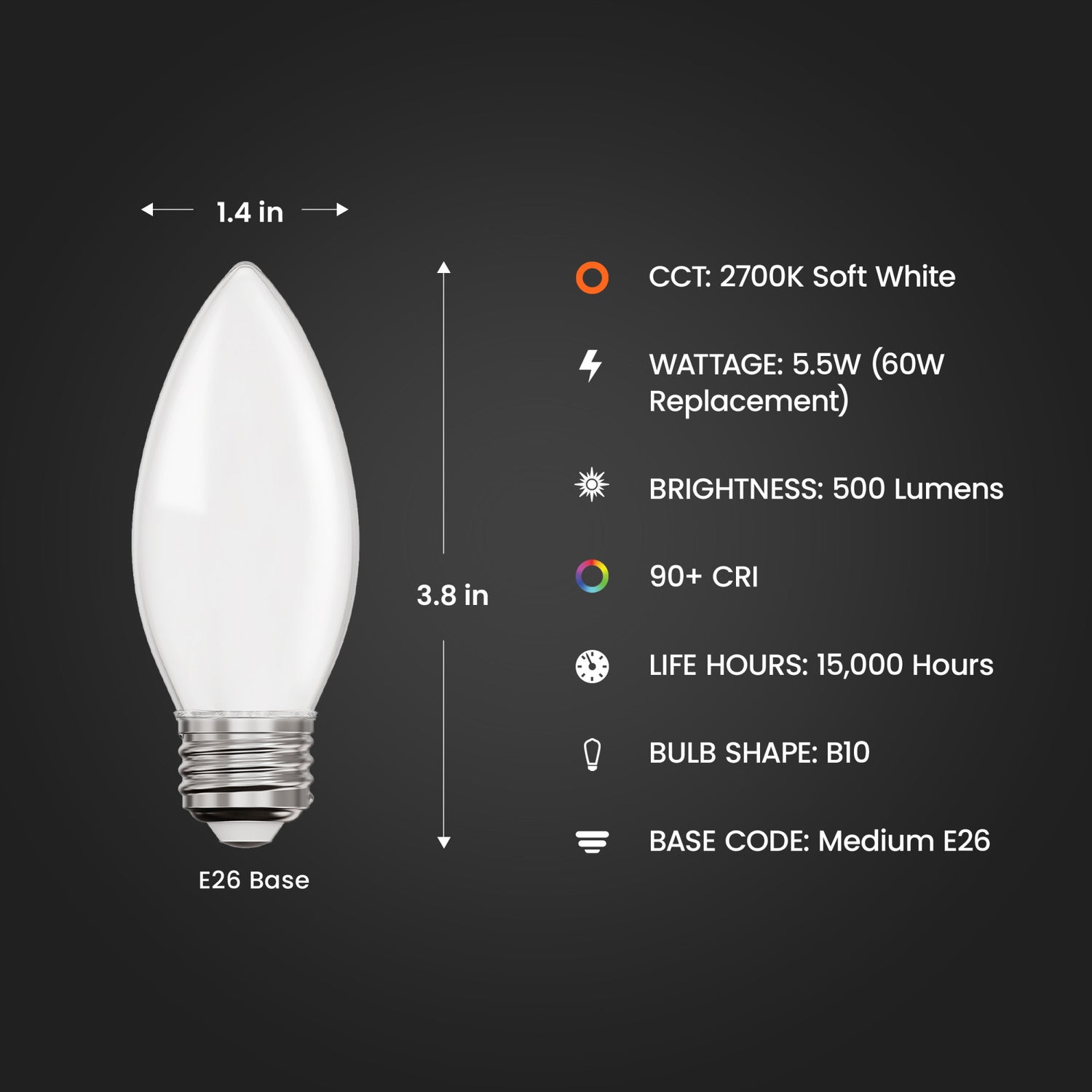 5.5W (60W Replacement) Soft White (2700K) B10 Base Torpedo Tip Dimmable LED Enhance Frosted Glass Light Bulb (2-Pack)