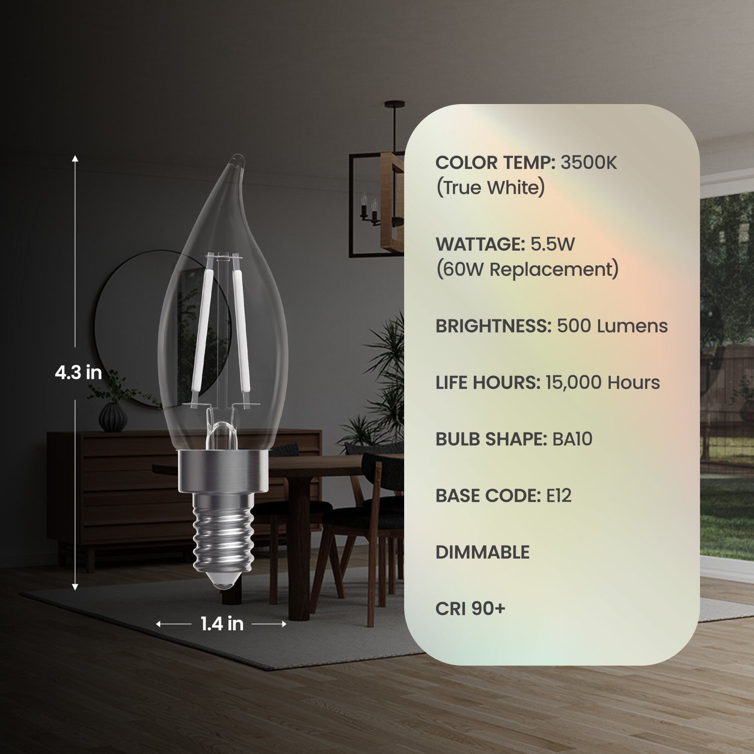 5.5W (60W Replacement) True White (3500K) Flame Tip BA10 (E12 Base) Exposed White Filament LED Bulb (3-Pack)