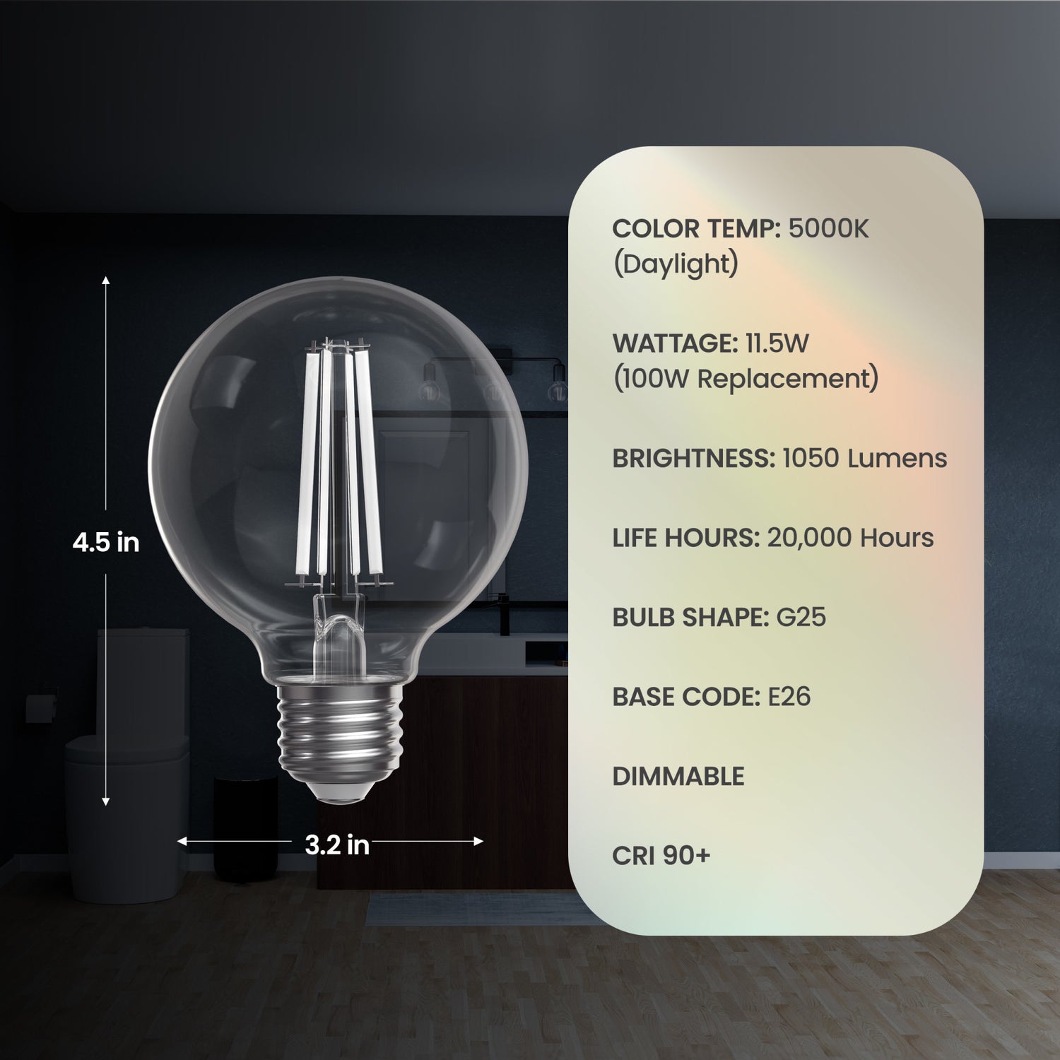 11.5W (100W Replacement) Daylight (5000K) Globe Shape (E26 Base) Exposed White Filament LED Bulb (3-Pack)