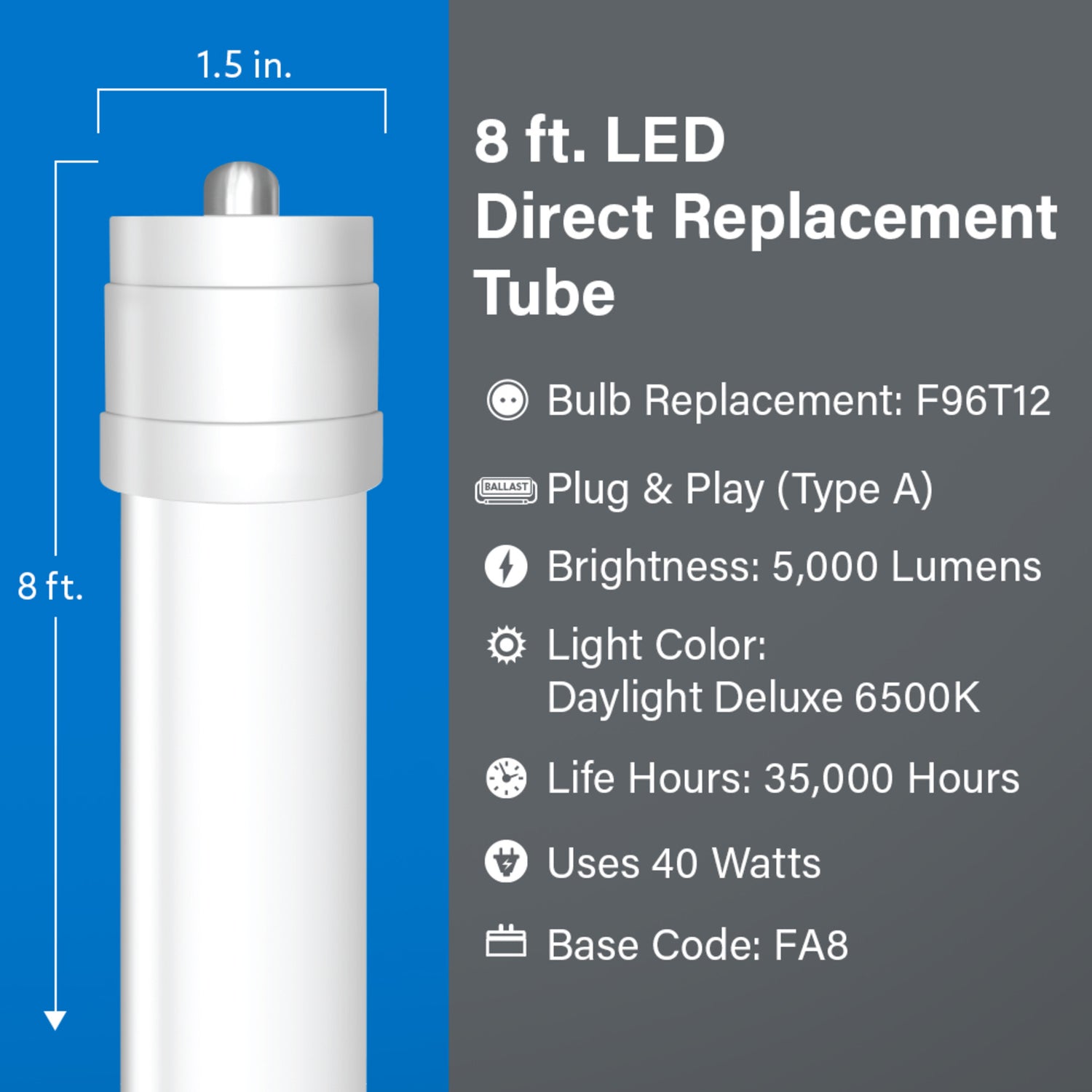 8 ft. 40W (60/75W Replacement) Daylight Deluxe (6500K) FA8 Base Direct Replacement (Type A) (T12 Replacement) LED Linear Tube (2-Pack)