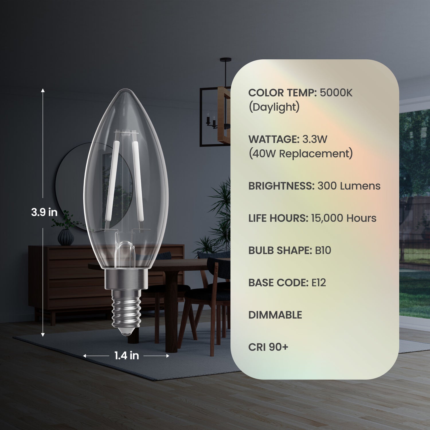 3.3W (40W Equivalent) Daylight White (5000K) E12 Base B10 White Filament LED Bulb (3-Pack)