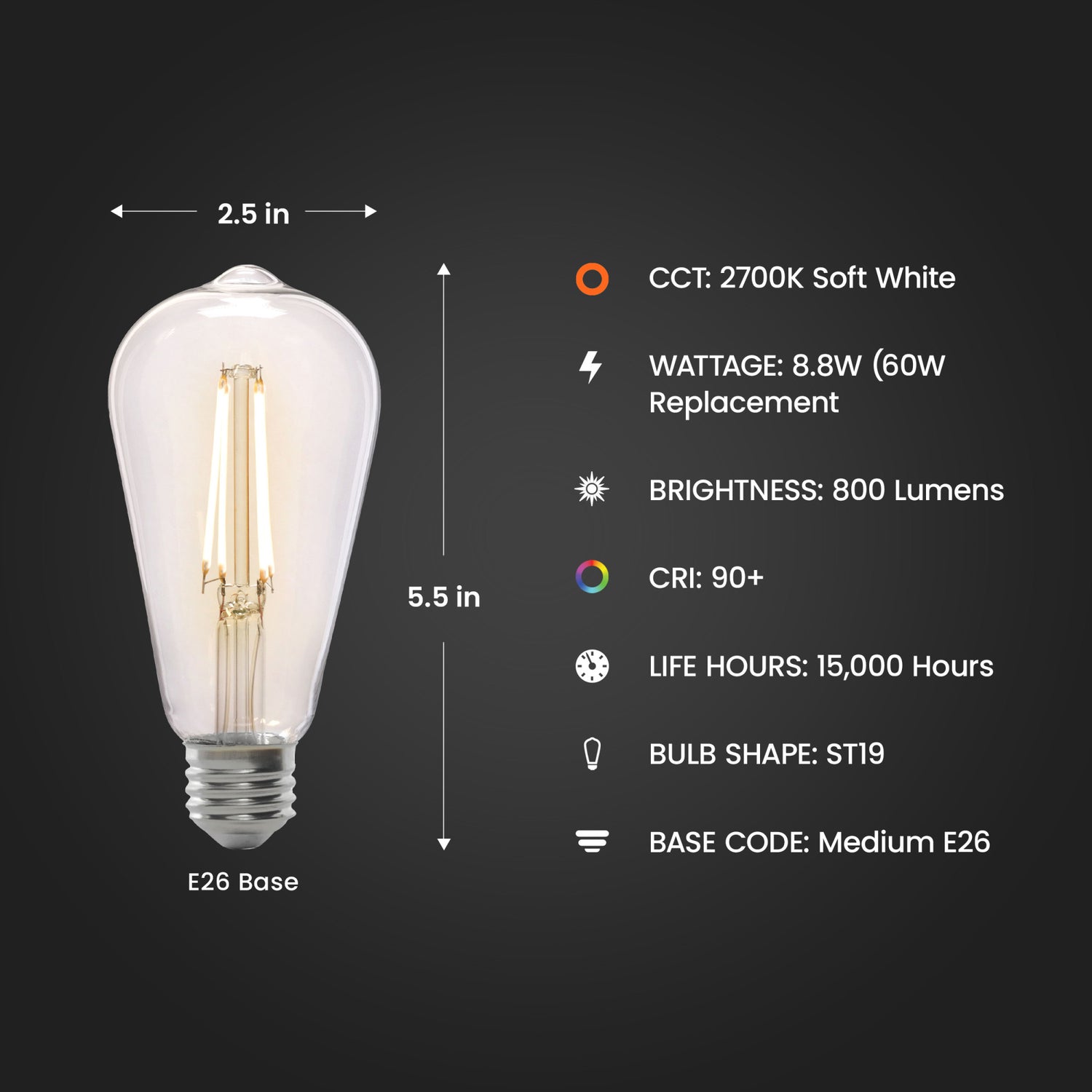 8.8W (60W Replacement) Soft White (2700K) E26 Base ST19 Dusk to Dawn Filament LED Light Bulb