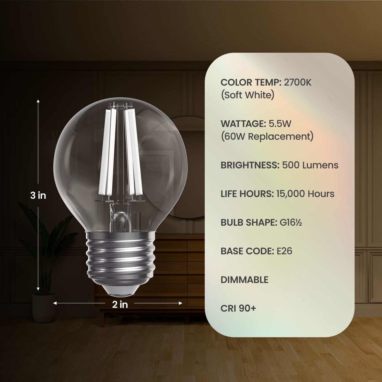 5.5W (60W Replacement) Soft White (2700K) G16 1/2 Globe Shape (E26 Base) Exposed White Filament LED Bulb (2-Pack)