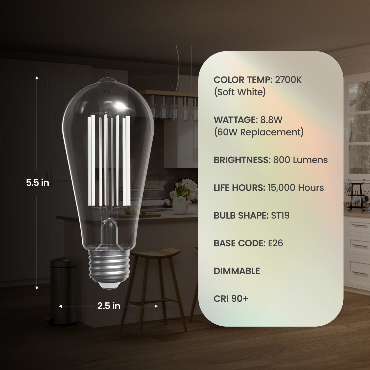 8.8W (60W Replacement) Soft White (2700K) ST19 Shape (E26 Base) LED Exposed White Filament Bulb (4-Pack)