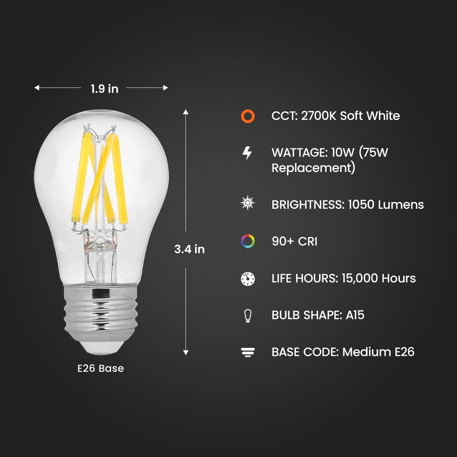 10W (75W Replacement) Soft White (2700K) E26 Base A15 Dimmable Enhance Filament LED (2-Pack)