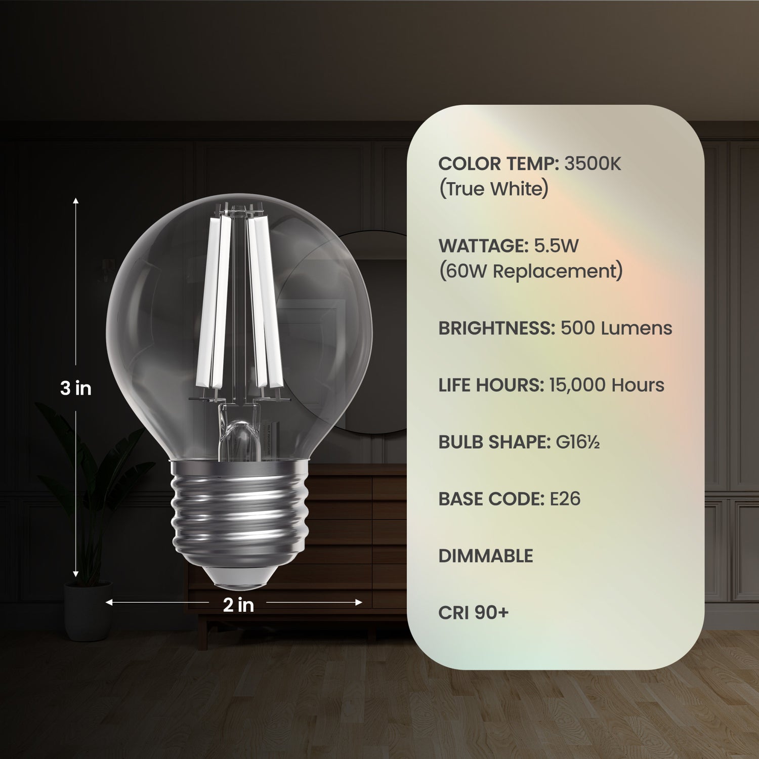 5.5W (60W Equivalent) True White (3500K) G16 1/2 Globe Shape (E26 Base) Exposed White Filament LED Bulb (2-Pack)