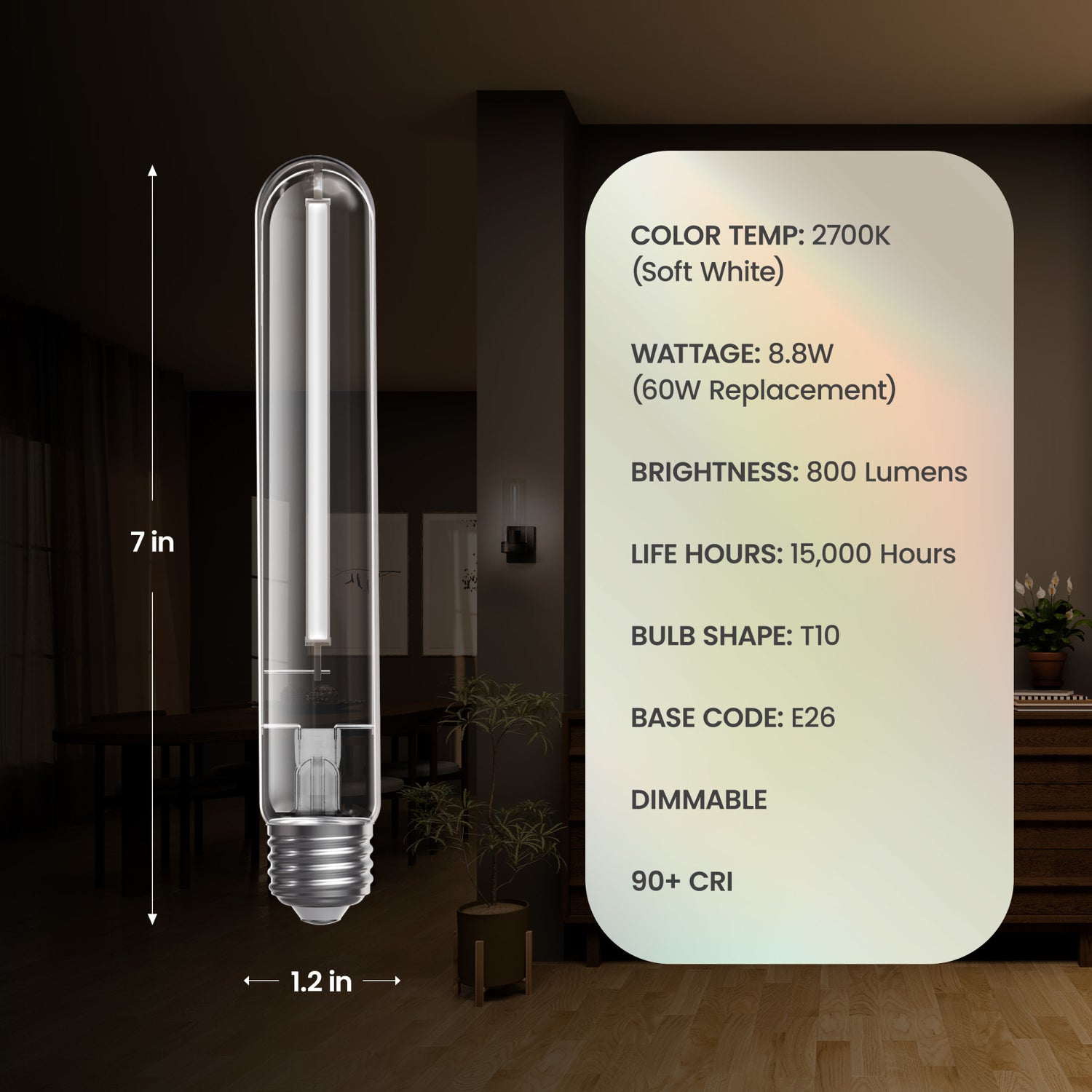 8.8W (60W Replacement) Soft White (2700K) E26 Base T10 Exposed White Filament LED (4-Pack)
