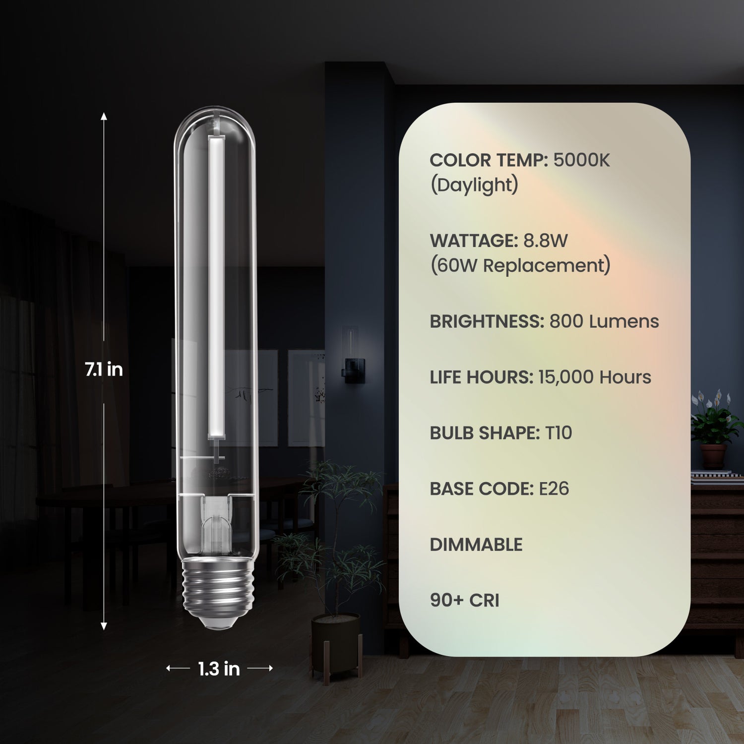 8.8W (60W Replacement) Daylight (5000K) E26 Base T10 Exposed White Filament LED (4-Pack)