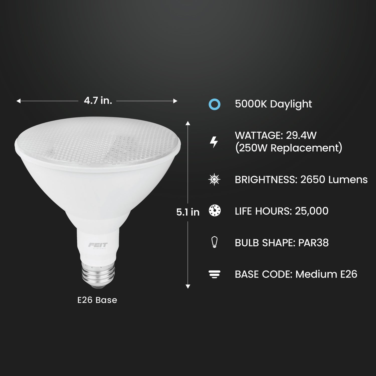 29.4W (250W Replacement) Daylight (5000K) E26 Base Dimmable PAR38 High Output LED