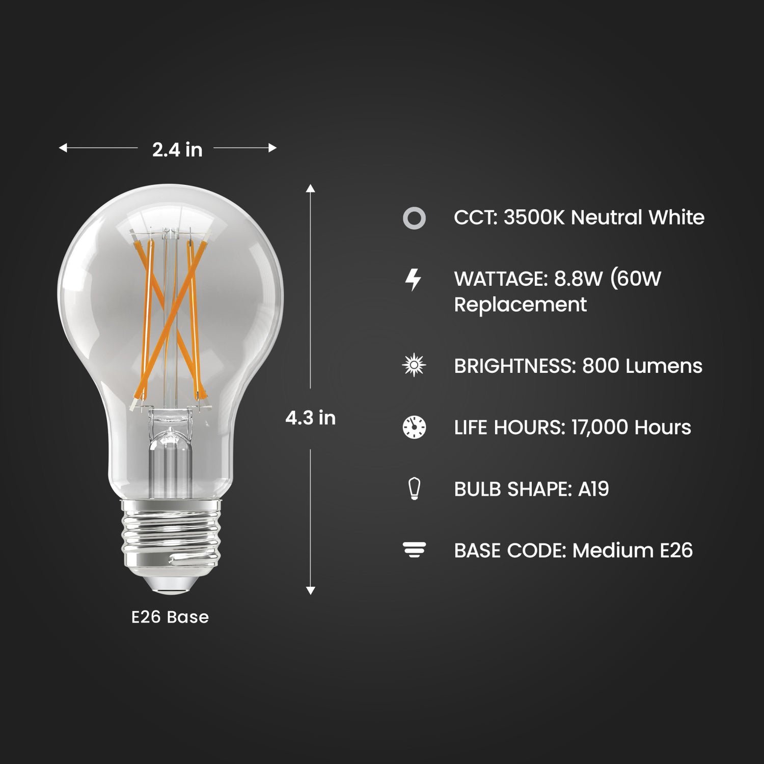 8.8W (60W Replacement) Neutral White (3500K) Medium E26 Base A19 Enhance Dimmable Clear General Purpose LED Light Bulb (4-Pack)