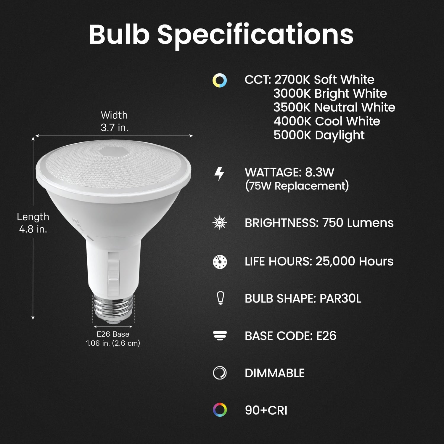 8.3W (75W Replacement) Adjustable White E26 Base Long PAR30 Dimmable Beam Choice Enhance Reflector LED