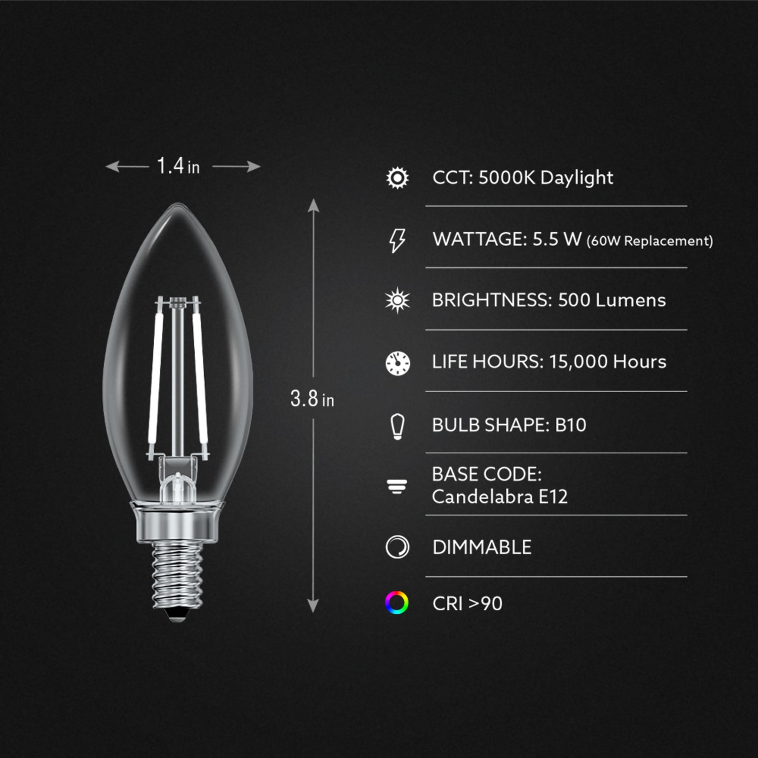 5.5W (60W Replacement) Daylight (5000K) Chandelier B10 (E12 Base) Torpedo Tip White Filament Light Bulb (2-Pack)