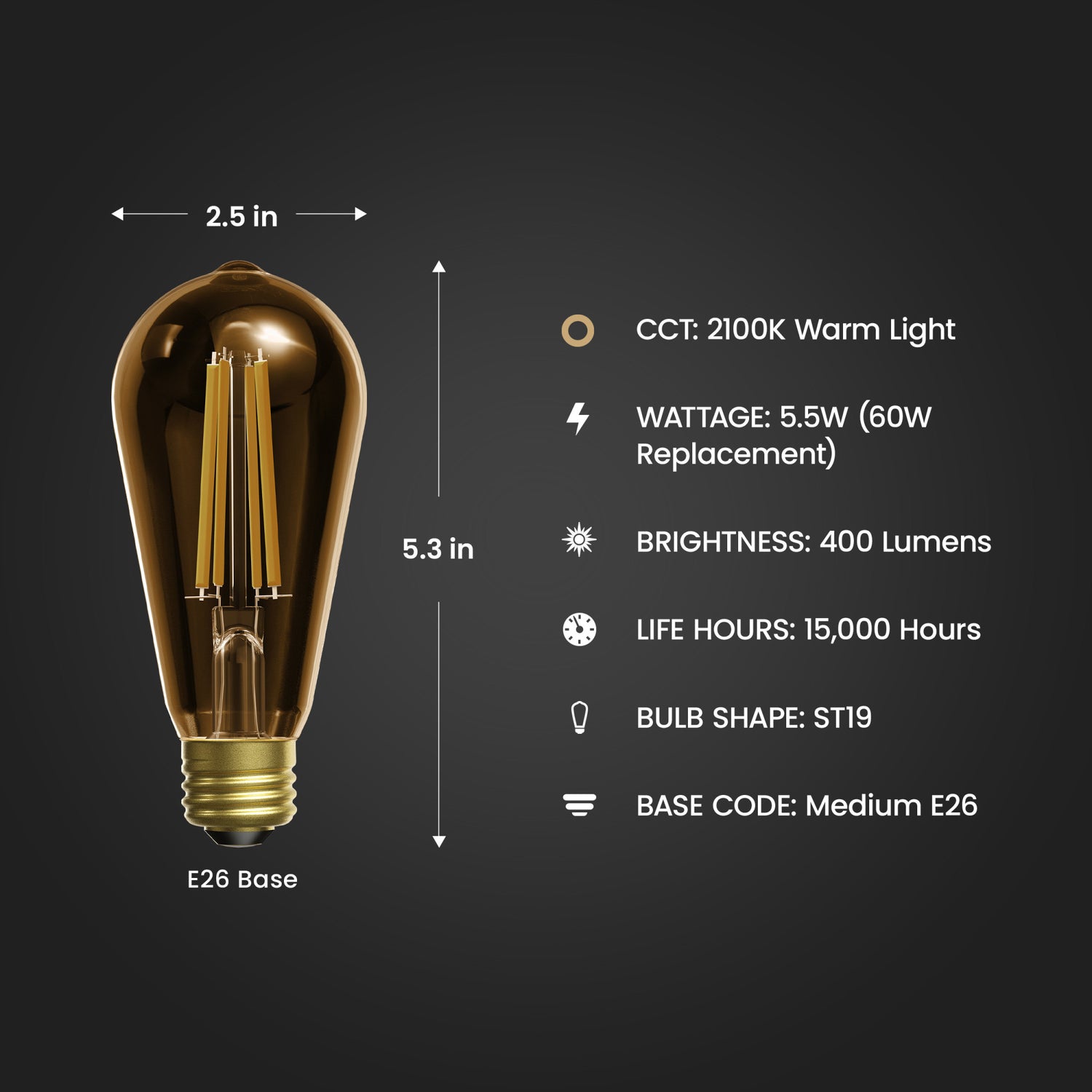 5.5W (60W Replacement) ST19 E26 Straight Filament Amber Glass Vintage Edison LED Light Bulb, Soft White (2-Pack)